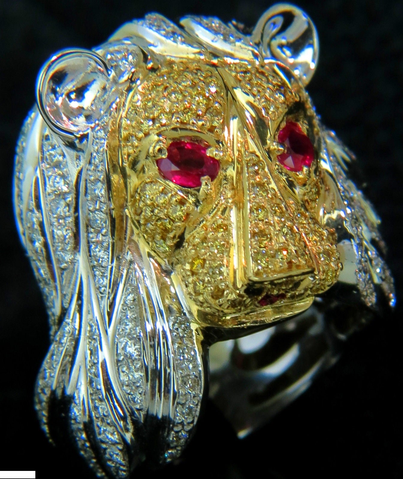 18K Italy Unisex Huge 3.40ct Diamond & Ruby Lioness Ring - Luxury Statement Jewelry for Women & Men - Perfect for Weddings, Parties & Special Occasions