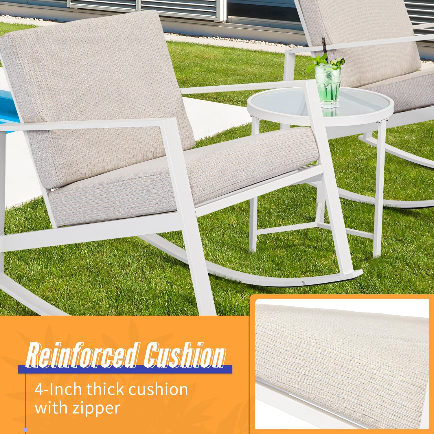AQUILLA 3-Piece Outdoor Patio Rocking Chair Set with Metal Frame & Tempered Glass Table - Beige Gray Cushioned Bistro Furniture for Balcony, Garden, Lounge - Durable Weather-Resistant Outdoor Seating for Relaxing & Entertaining