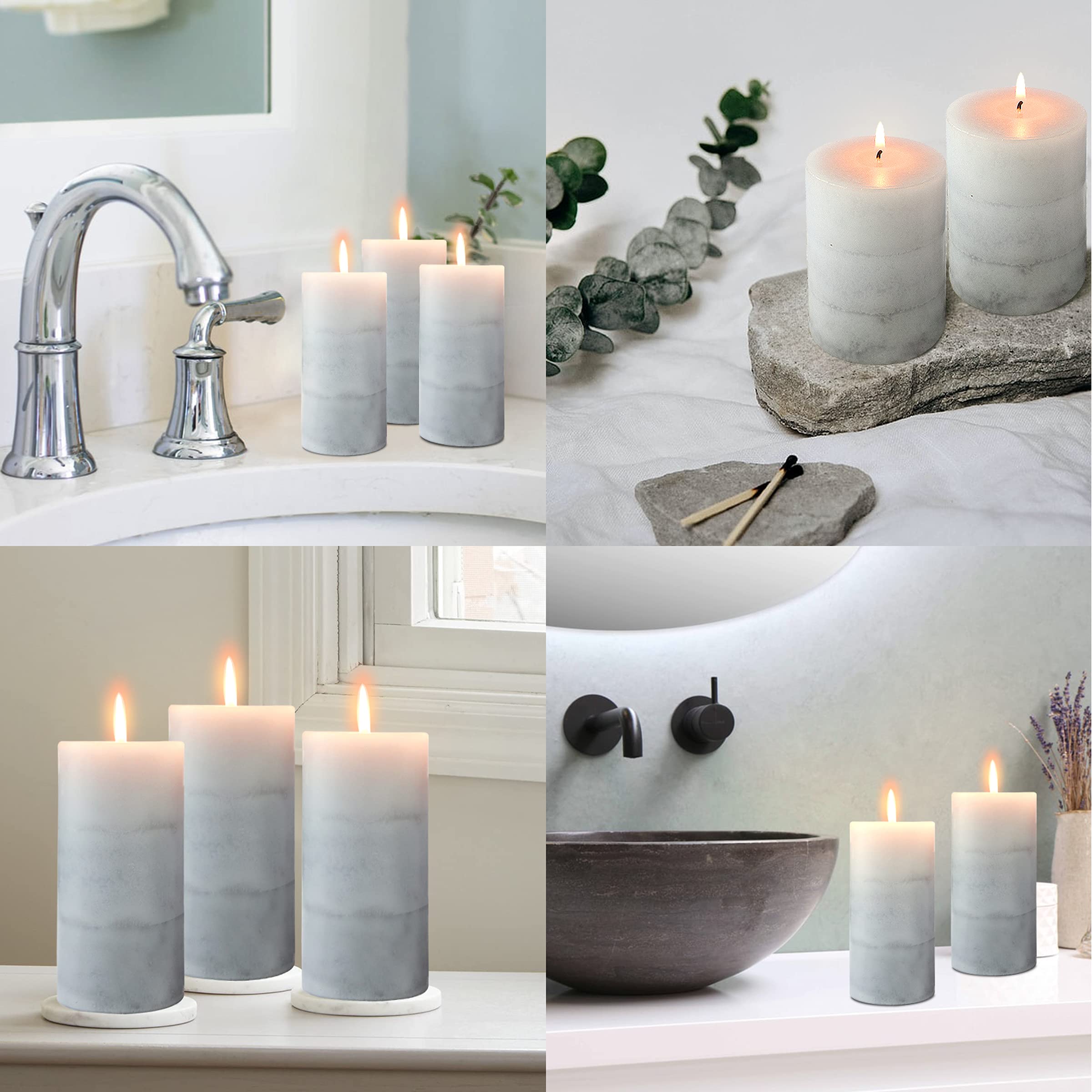 Premium White Pillar Candles - Set of 3 Aromatherapy Scented Candles (3x6 Inch) | Rustic Grey Home Decor Candles | Clean Burning Dripless Coconut Scented Candles for Relaxation, Meditation & Romantic Ambiance