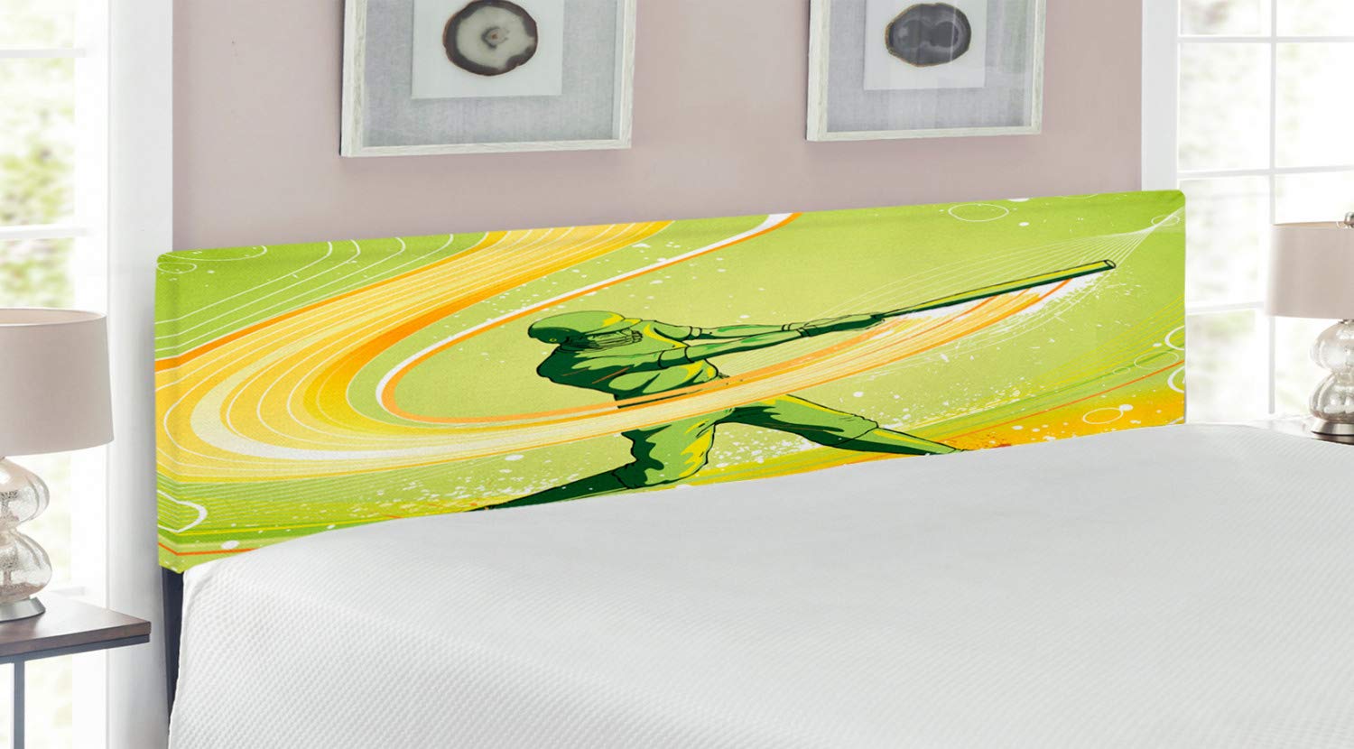 Ambesonne Baseball Headboard - Upholstered Decorative Metal Bed Frame with Memory Foam, King Size, Green & Yellow | Baseball Player Hits Ball Batter Athlete Pitcher Team Sports Illustration | Perfect for Sports-Themed Bedrooms, Man Caves & Baseball Fan Gifts