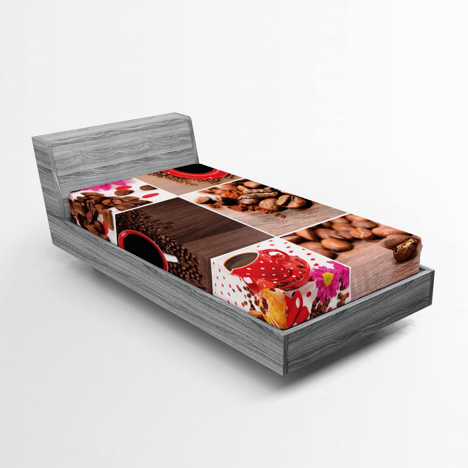 Ambesonne Coffee Themed Fitted Sheet - Twin XL Size, Brown Red, Deep Pocket with All-Round Elastic | Coffee Mug, Polka Dots, Flowers, Beans & Muffins Photography Design | Perfect for Bedrooms, Dorms, Guest Rooms & Coffee Lovers
