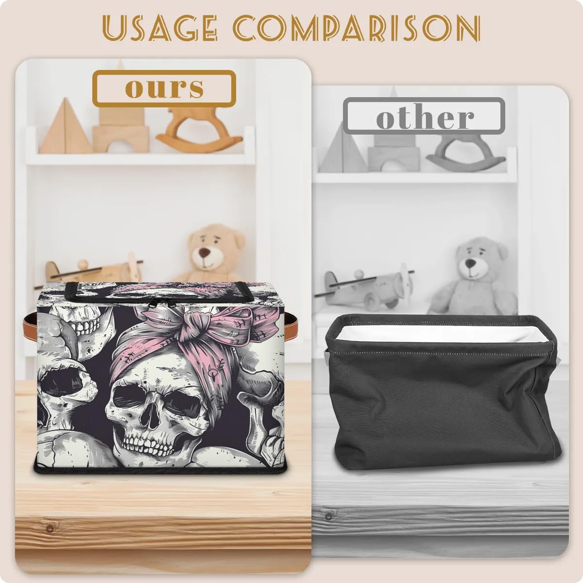 Skull Hair Band Storage Bins with Zipper Lid - 2pcs Stackable Closet Organizer Baskets with Metal Frame & PU Handles - Perfect for Clothes, Toys, and Home Organization