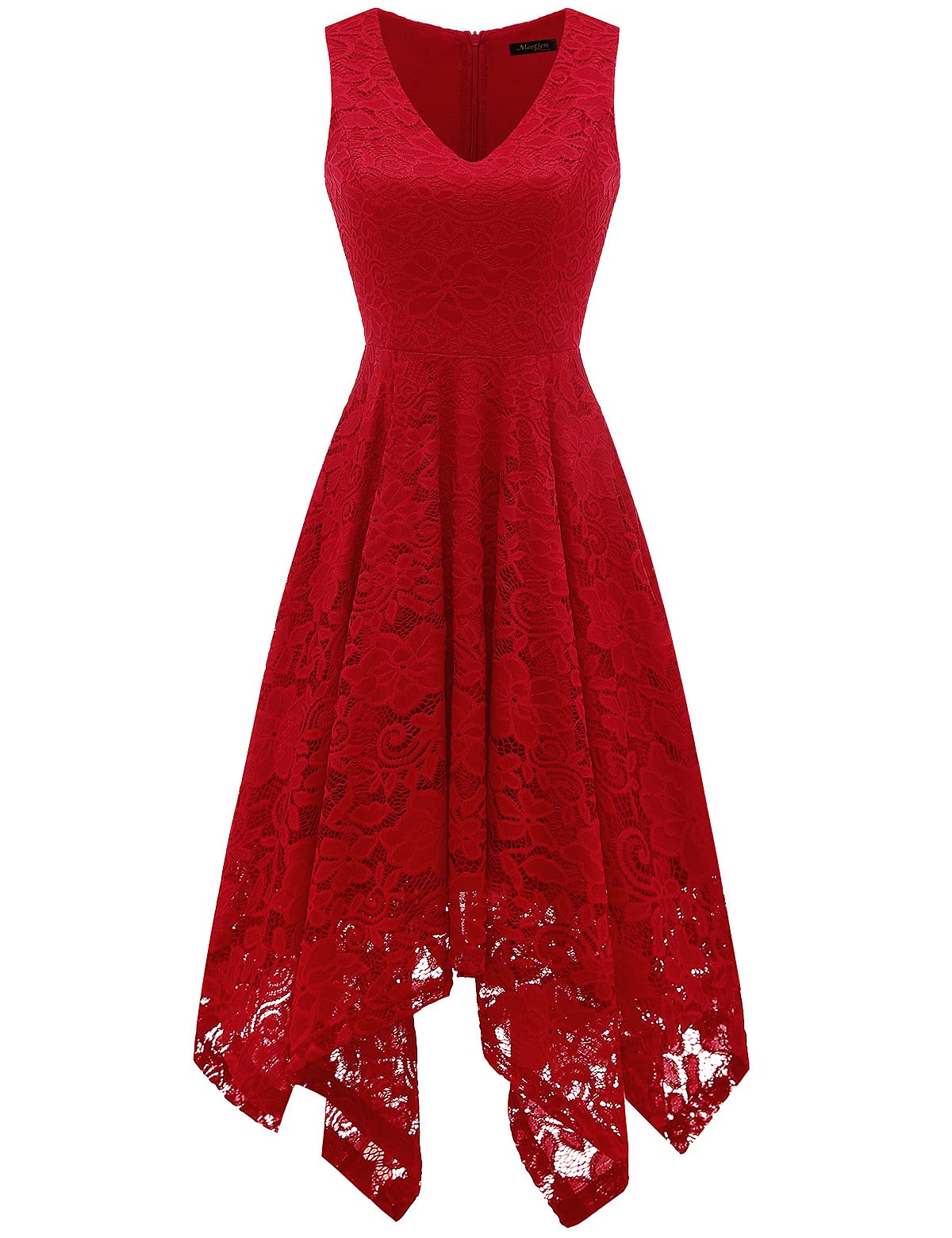 Meetjen Women's Vintage Floral Lace Dress - Handkerchief Hem Asymmetrical Cocktail Formal Swing Dress for Party, Wedding & Evening Events | Elegant A-Line Midi Dress for Special Occasions