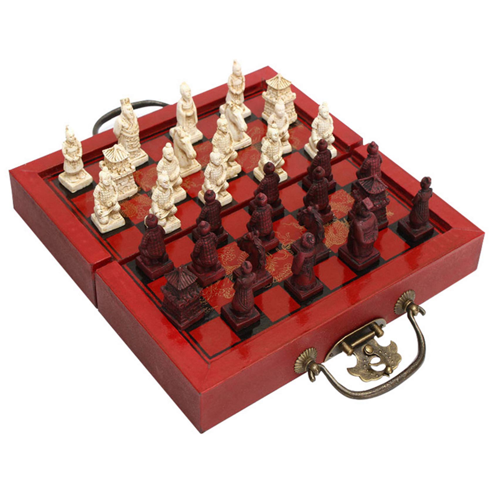 XXJF Wooden Chess Set with Vintage Chinese Terracotta Warriors Pieces - Folding Chess Board for Adults - Perfect for Home Decor, Game Nights & Unique Gifts