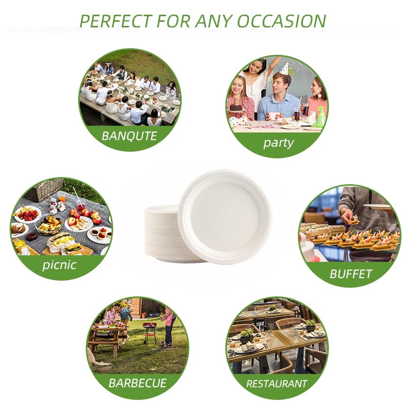 7 Inch 100% Compostable Disposable Paper Plates - 125 Pack Heavy-Duty Eco-Friendly Sugarcane Fiber Party Plates (White) | PFAS-Free & BPI Certified | Perfect for BBQs, Picnics, Birthday Parties & Catering Events