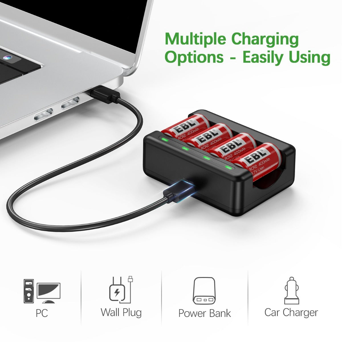 EBL 8 Pack CR2 3.7V Lithium Ion Rechargeable Batteries with Smart Charger - Perfect for Digital Cameras, Flashlights & Medical Devices
