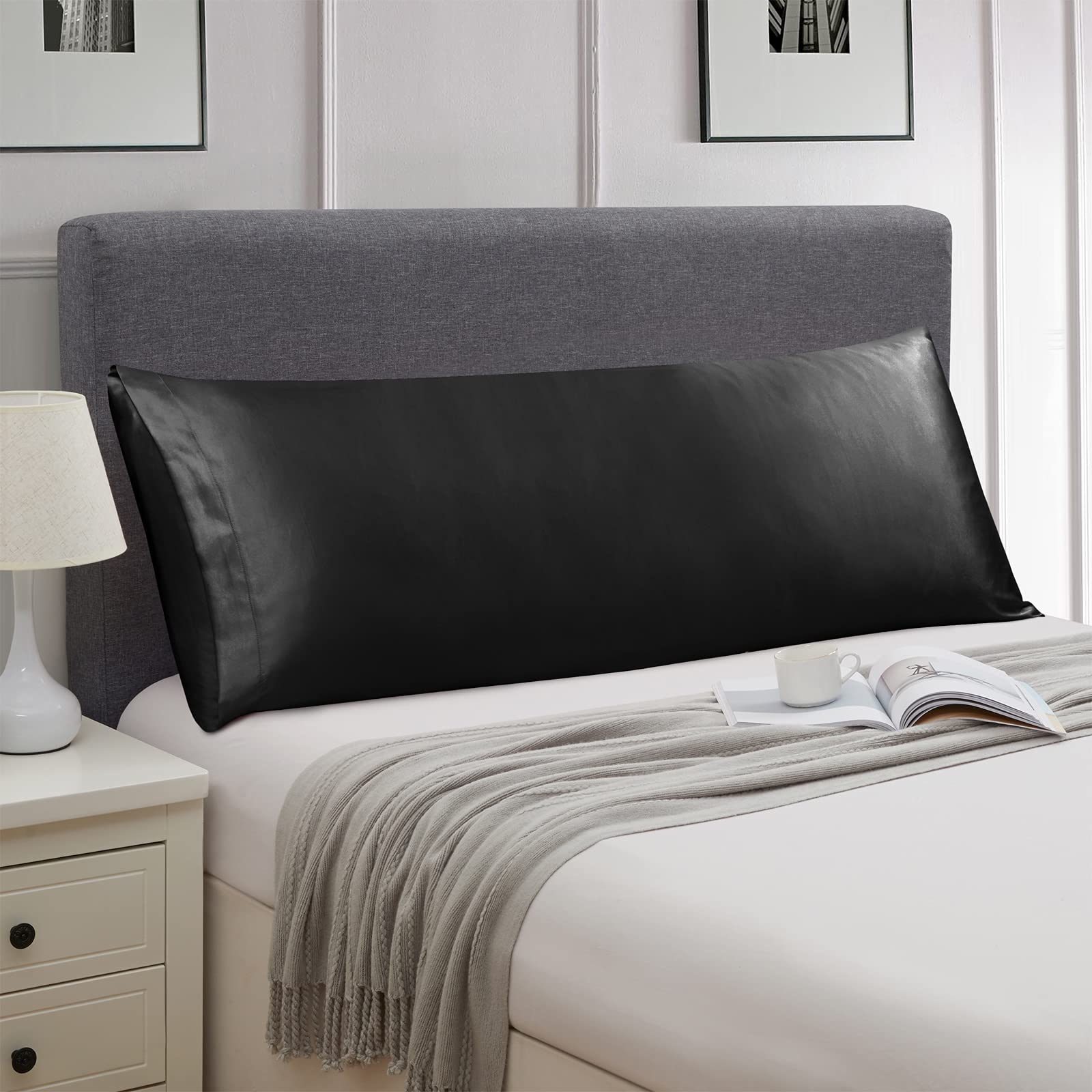 Ersmak 2-Pack Satin Body Pillow Covers 20x54 Inches - Ultra Soft Black Satin Pillowcases for Hair & Skin Care, Cooling Silky Pillow Cases with Envelope Closure - Perfect for Side Sleepers, Hot Sleepers & Beauty Rest