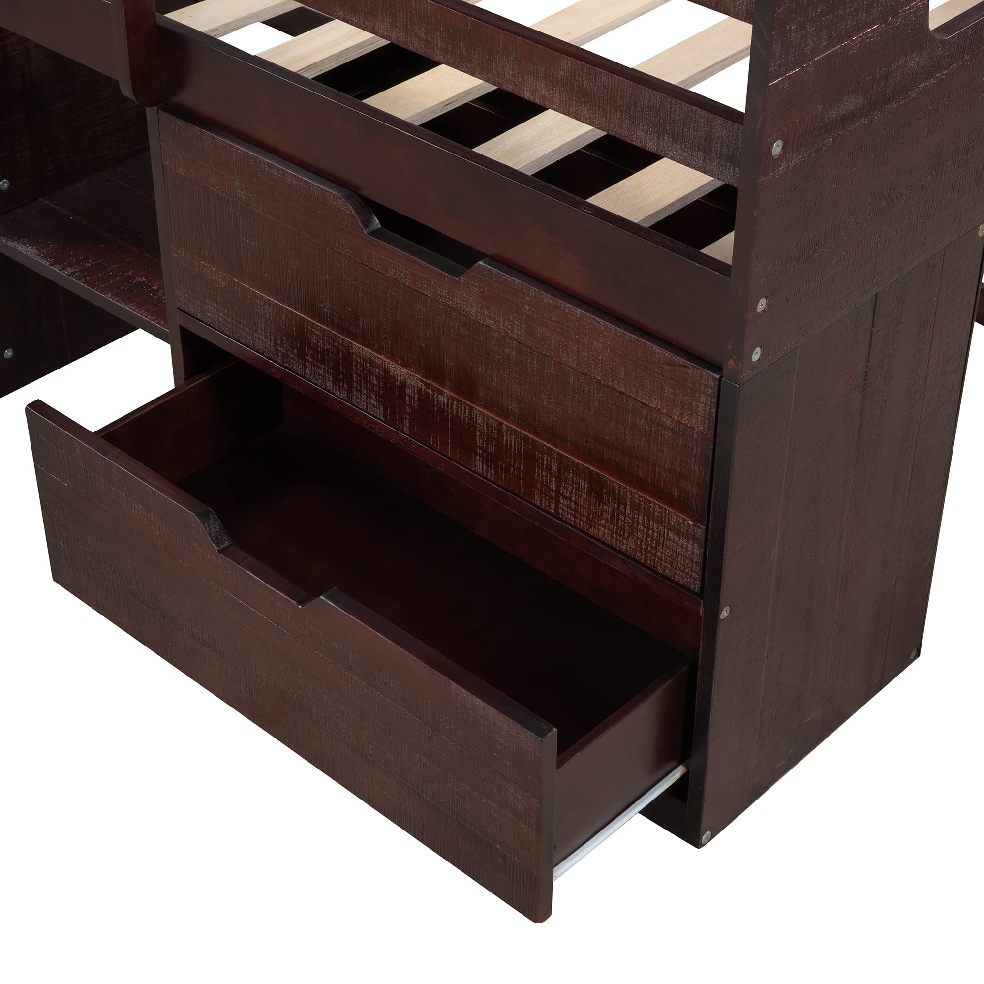 Merax Twin Size Wood Loft Bed Frame with Drawers & Shelves - Low Study Loft Bed in Antique Espresso Finish | Space-Saving Solution for Kids' Rooms, Dormitories & Small Apartments