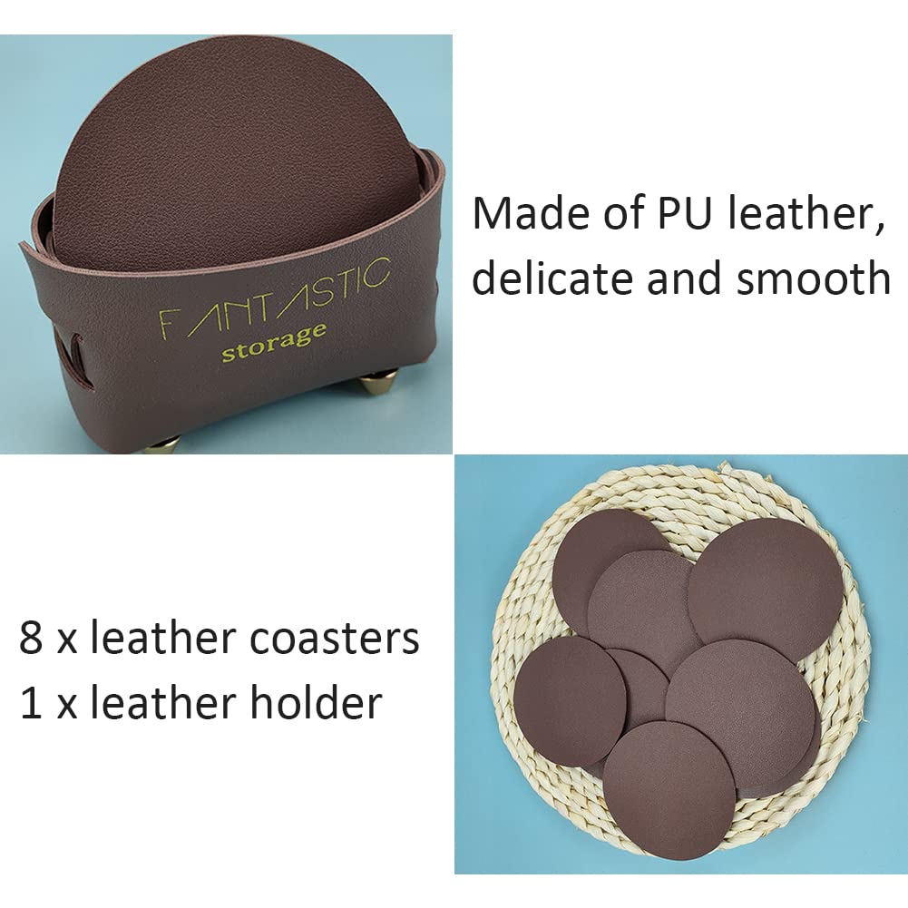 Premium 8-Piece Leather Coaster Set with Holder - Heat-Resistant Round Drink Coasters for Coffee, Tea & Cold Beverages - Elegant Dark Green Kitchen & Bar Decor for Home, Office & Restaurant Use