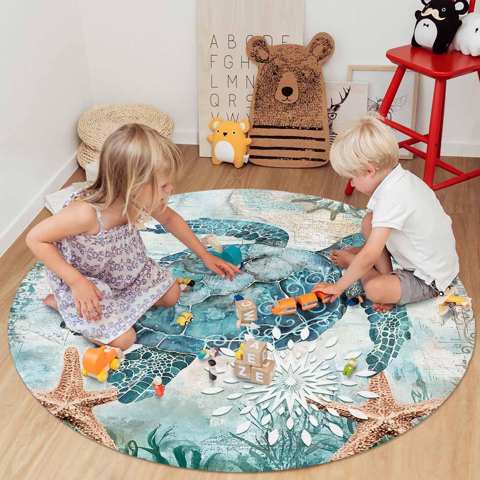 Libaoge 6 ft Round Area Rug - Soft Indoor Carpet with Aloha Sea Turtle & Nautical Map Design for Living Room, Bedroom, Yoga Mat | Non-Slip Home Decor for Beach House, Dorm, Nursery & Meditation Space