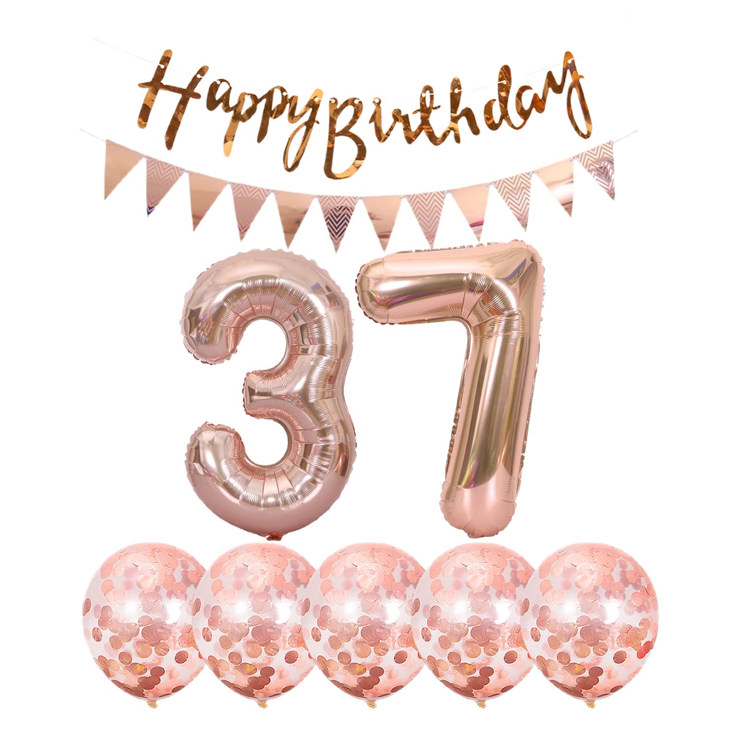 37th Birthday Decorations Set - 2 Number 37 Balloons, Rose Gold Foil Banner, Happy Birthday Garland & 5 Confetti Balloons for Boy/Girl - Perfect for 37 Year Old Birthday Parties, Anniversaries & Milestone Celebrations