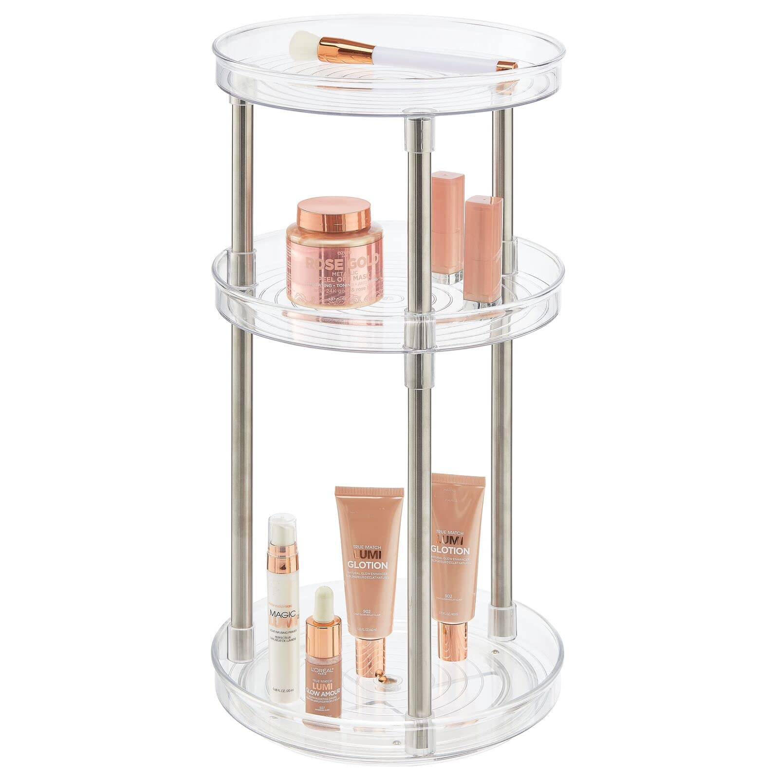 mDesign 3-Tier Spinning Lazy Susan Makeup Organizer - 360° Rotating Cosmetic Storage Tower for Bathroom Vanity, Countertop & Dressing Table | Clear Acrylic Beauty Organizer | Perfect for Makeup Brushes, Nail Polish & Skincare Products