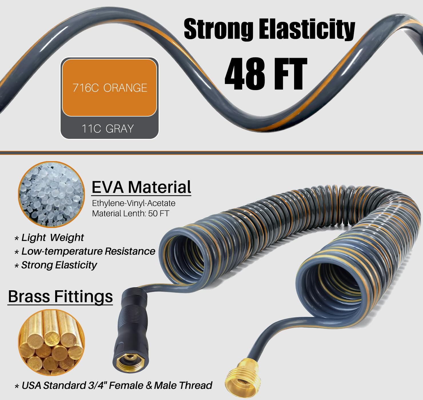 3/8'' Retractable EVA Coil Garden Hose 50FT - Lightweight Expandable Water Hose with Spray Nozzle - Flexible Spiral Hose for RV, Boat, Yard, House Cleaning - Durable Gray & Orange Design - Perfect for Gardening, Car Washing and Outdoor Watering