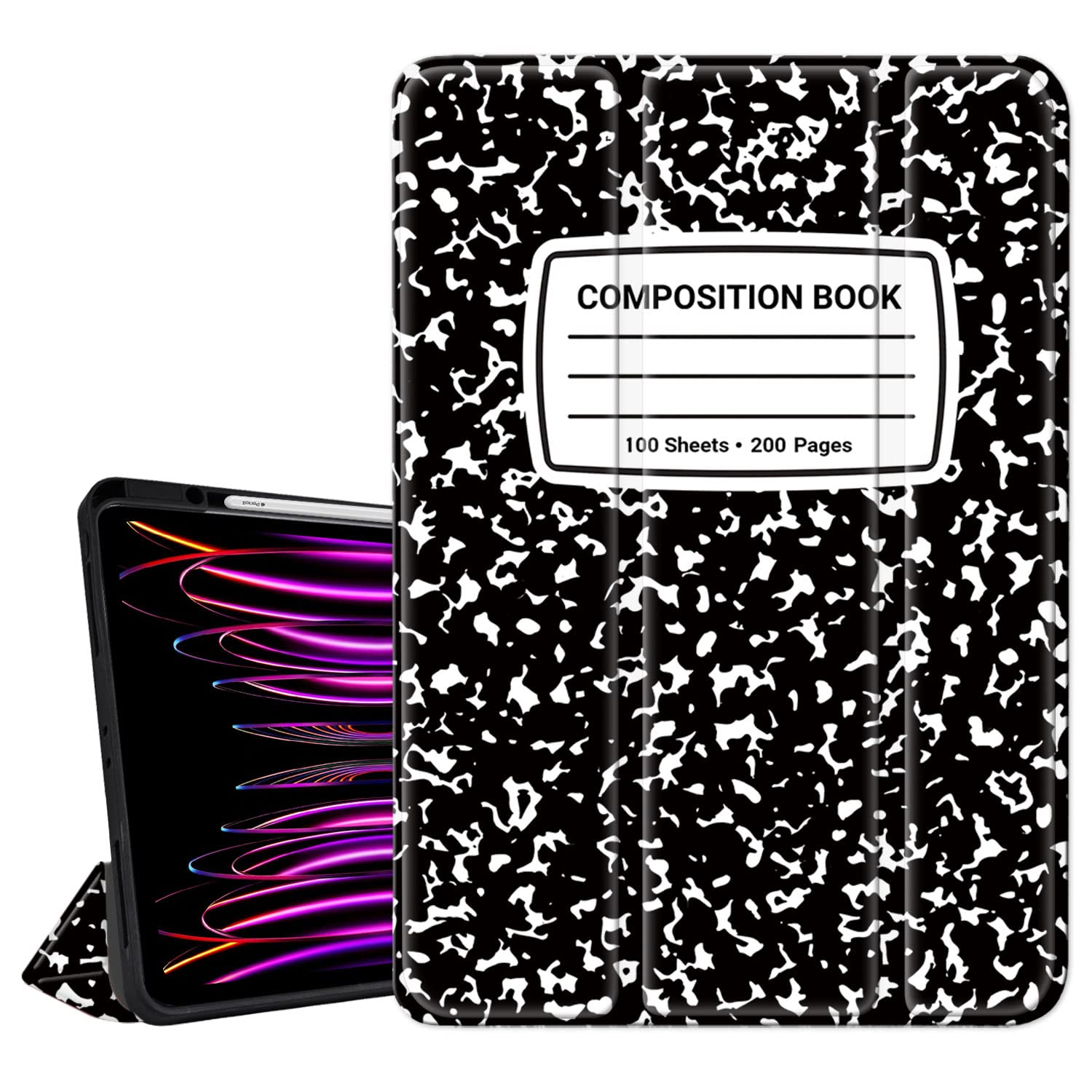 Premium iPad Pro 11 Case with Pencil Holder - Compatible with 2022/2021/2020/2018 iPad Pro 11 (4th/3rd/2nd/1st Gen) | Black Composition Book Cover | Auto Sleep/Wake Function | Perfect for Work, School & Travel