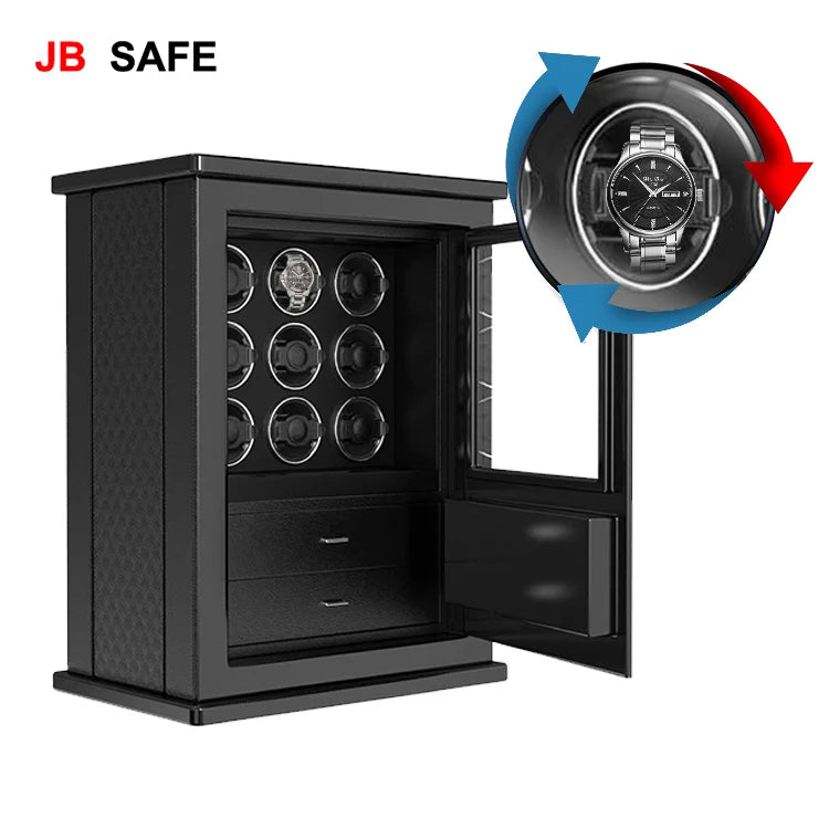 Premium JB Watch Winder & Jewelry Safe - 12 Watch Winders with 1 Jewelry Drawer | Automatic Watch Storage & Protection for Luxury Watches & Jewelry | Perfect for Home, Office & Travel Use