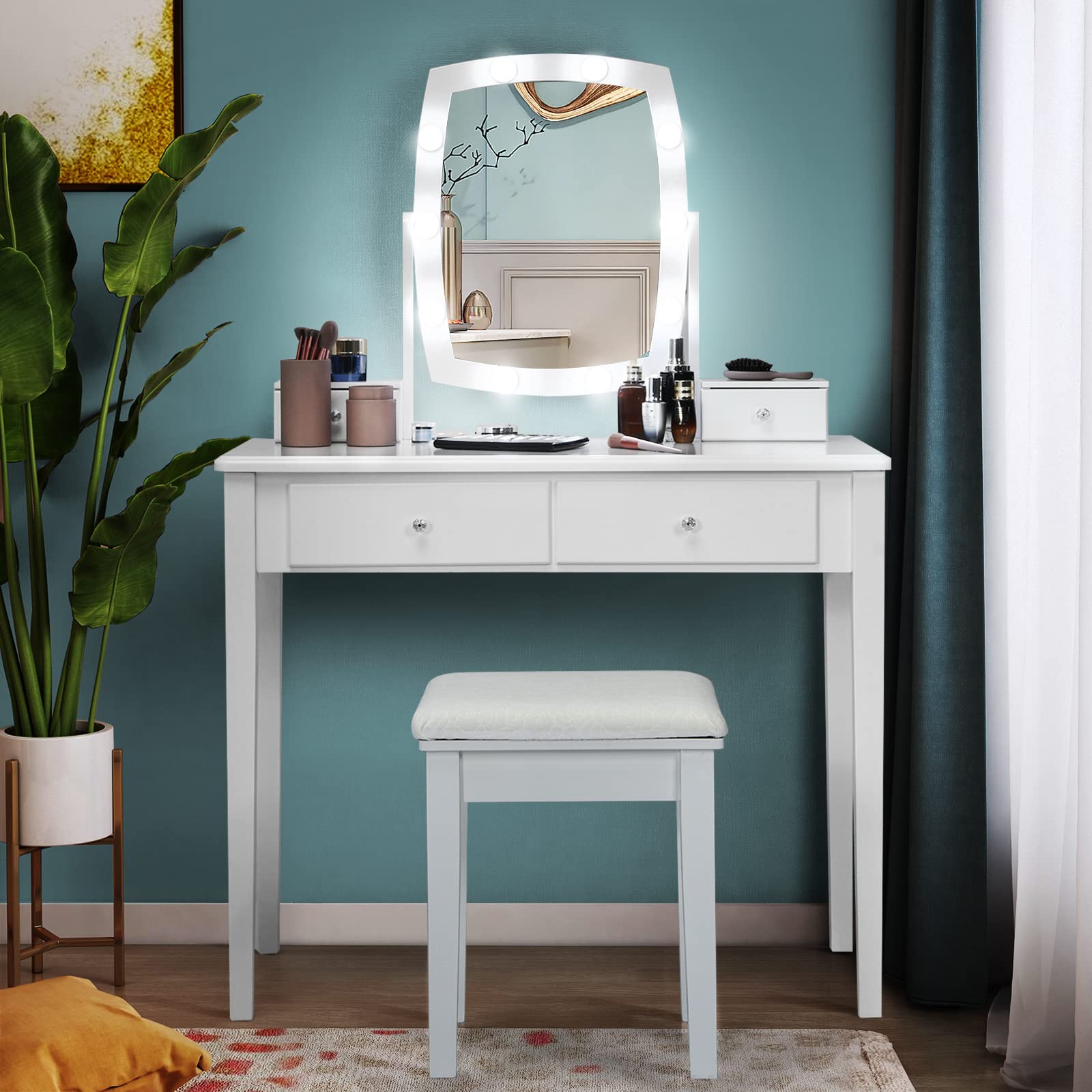Charmaid Girls Makeup Vanity Desk with LED Mirror Lights - 10 Bulbs, 3 Lighting Modes, 4 Storage Drawers & Stool - Modern Dressing Table for Bedroom, Teen Room & Beauty Salon (White)