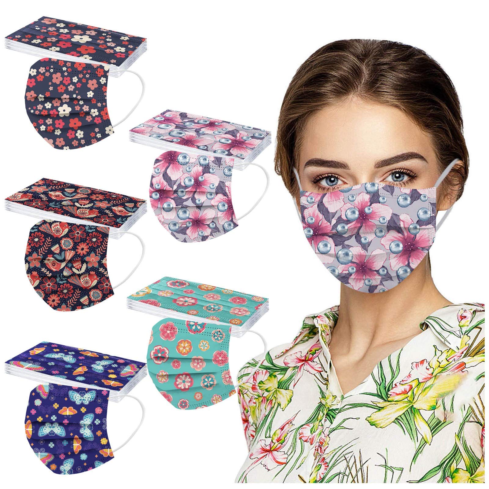 Floral Printed Face Masks 50Pcs - Women's Disposable Face Cover for Daily Protection & Fashion