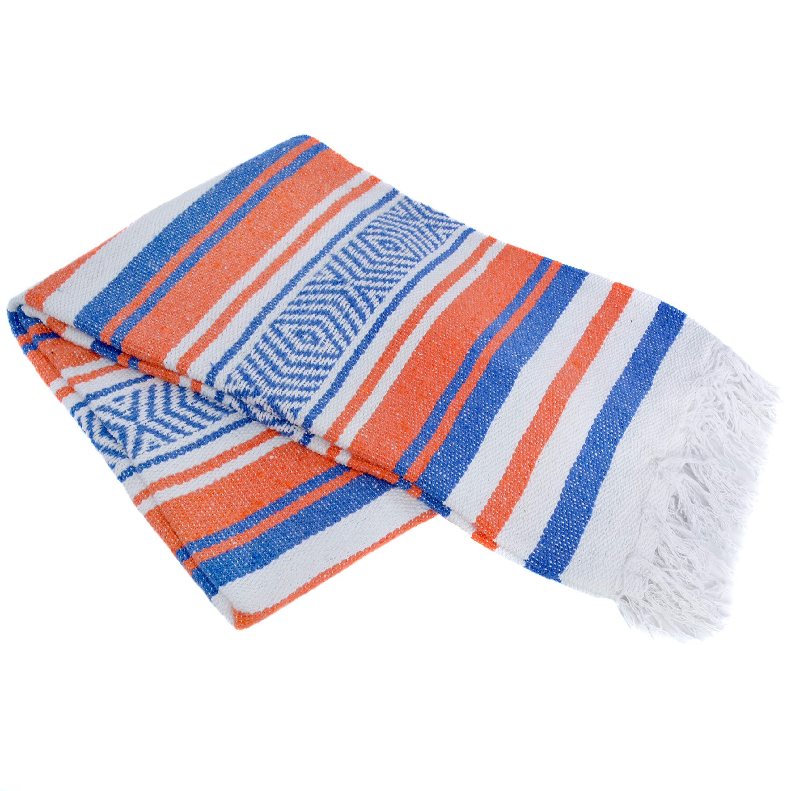 Authentic Mexican Yoga Blankets - 10-Pack Wholesale Set - Handwoven in Mexico (Orange/Royal Blue/White) - Perfect for Yoga Studios, Meditation & Beach Outings