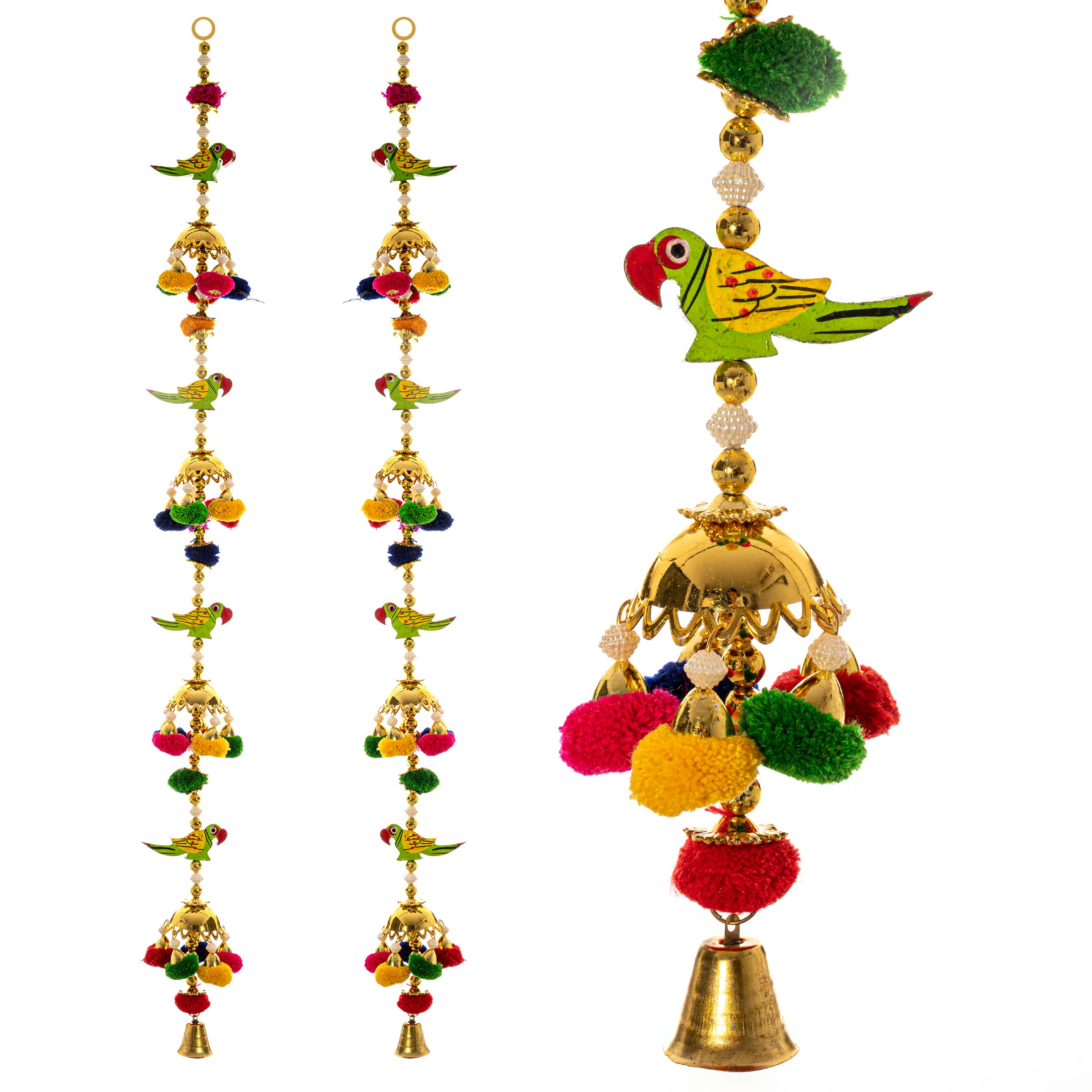 Set of 2 Handmade Colorful Pompom Door Hangers - Traditional Indian Latkan Home Decor for Wall, Office & Hotel - Perfect Gift for Housewarming & Festivals (Parrot Design)