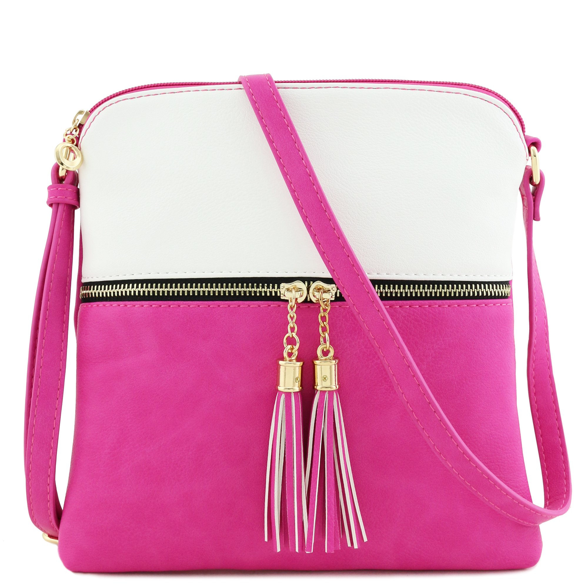 Stylish Tassel Zip Pocket Crossbody Bag for Women - Trendy White & Fuchsia Handbag - Perfect for Daily Use, Travel, and Shopping
