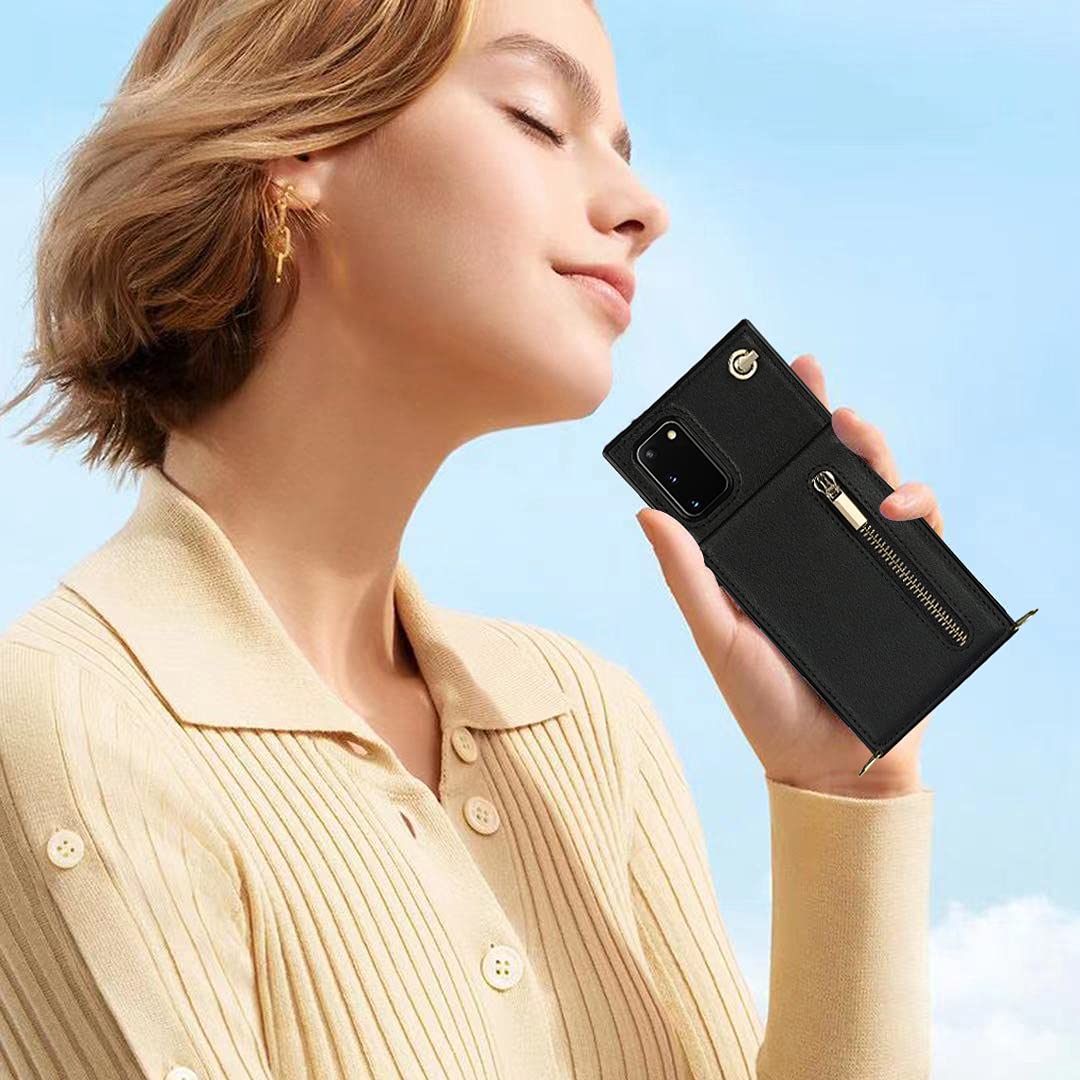 Samsung Galaxy S20 FE Wallet Case with Card Holder & Removable Crossbody Strap - Zipper Phone Case in Black | Perfect for Travel, Shopping & Everyday Use
