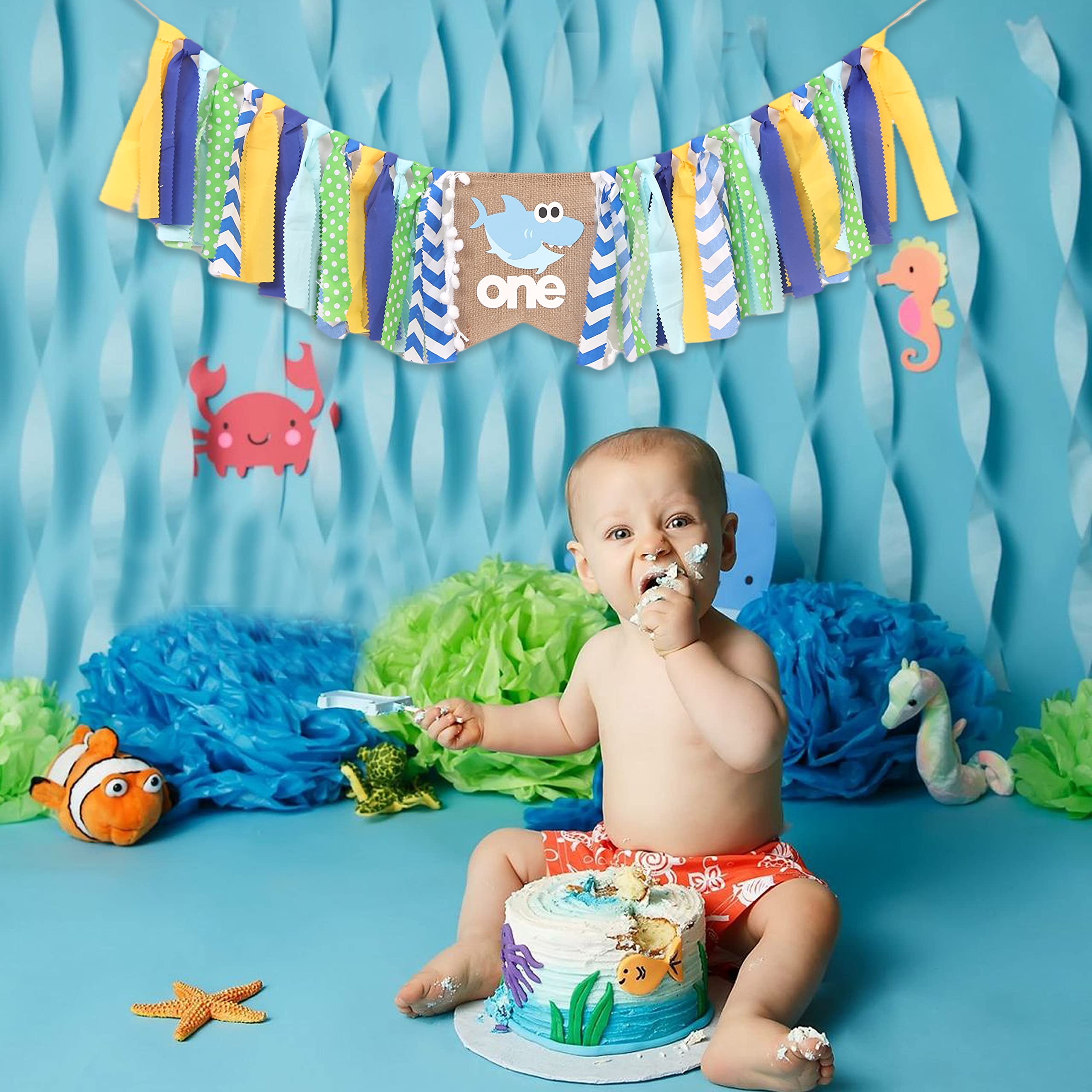 Shark Highchair Banner for 1st Birthday Party - Baby Shark Birthday Decorations, Under the Sea Theme Party Supplies, 1st Birthday Cake Smash Photo Props for Boys & Girls - Perfect for Ocean Themed Birthday Parties, Baby Showers and Photo Backdrops