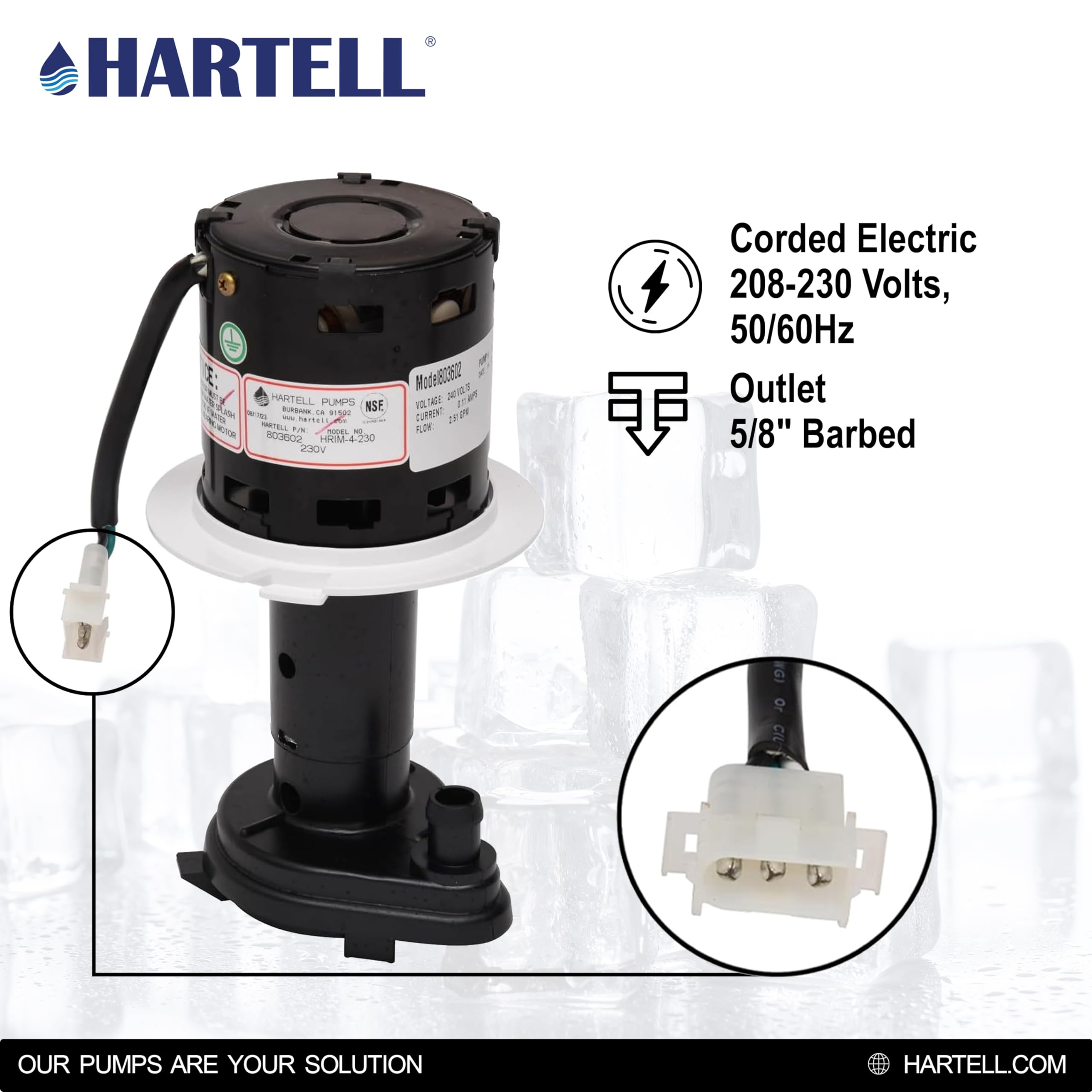 HARTELL HRIM-4-230 Replacement Ice Machine Water Pump - Compatible with GPP-5SC-4A, GPP-5SC-4C, GPP-5SC-4B, 12-2919-02, 12-2920-02, 12-2920-03 - Perfect for Commercial Ice Makers & Refrigeration Systems