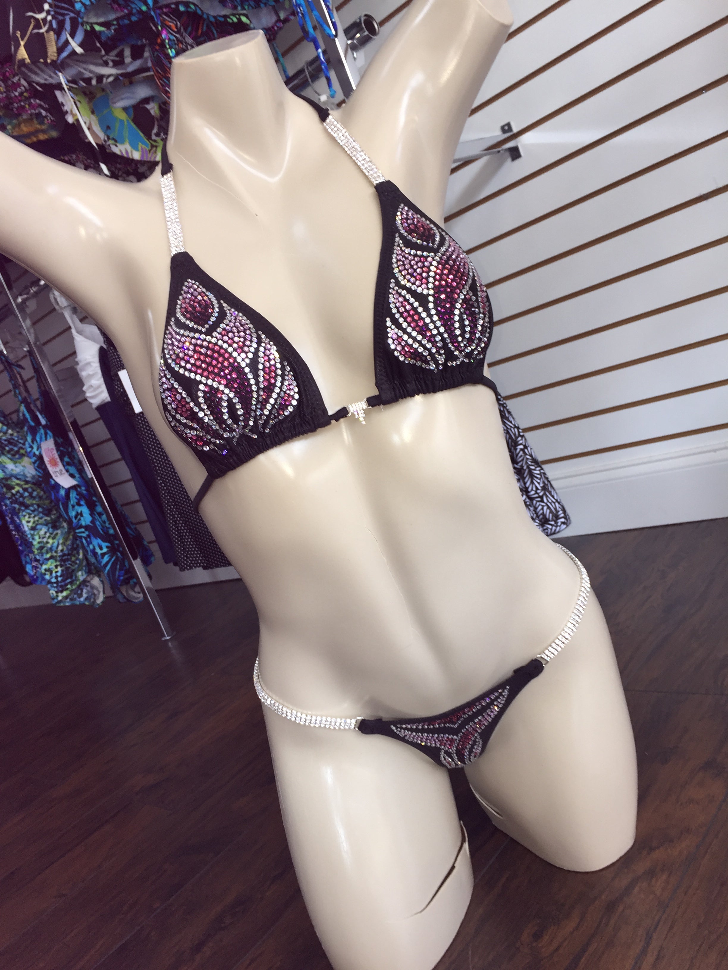 Sexy Black & Purple Crystal Embellished Competition Bikini - High Cut Swimsuit for Women, Dancewear, Bodybuilding, Fitness Shows & Beach Vacations