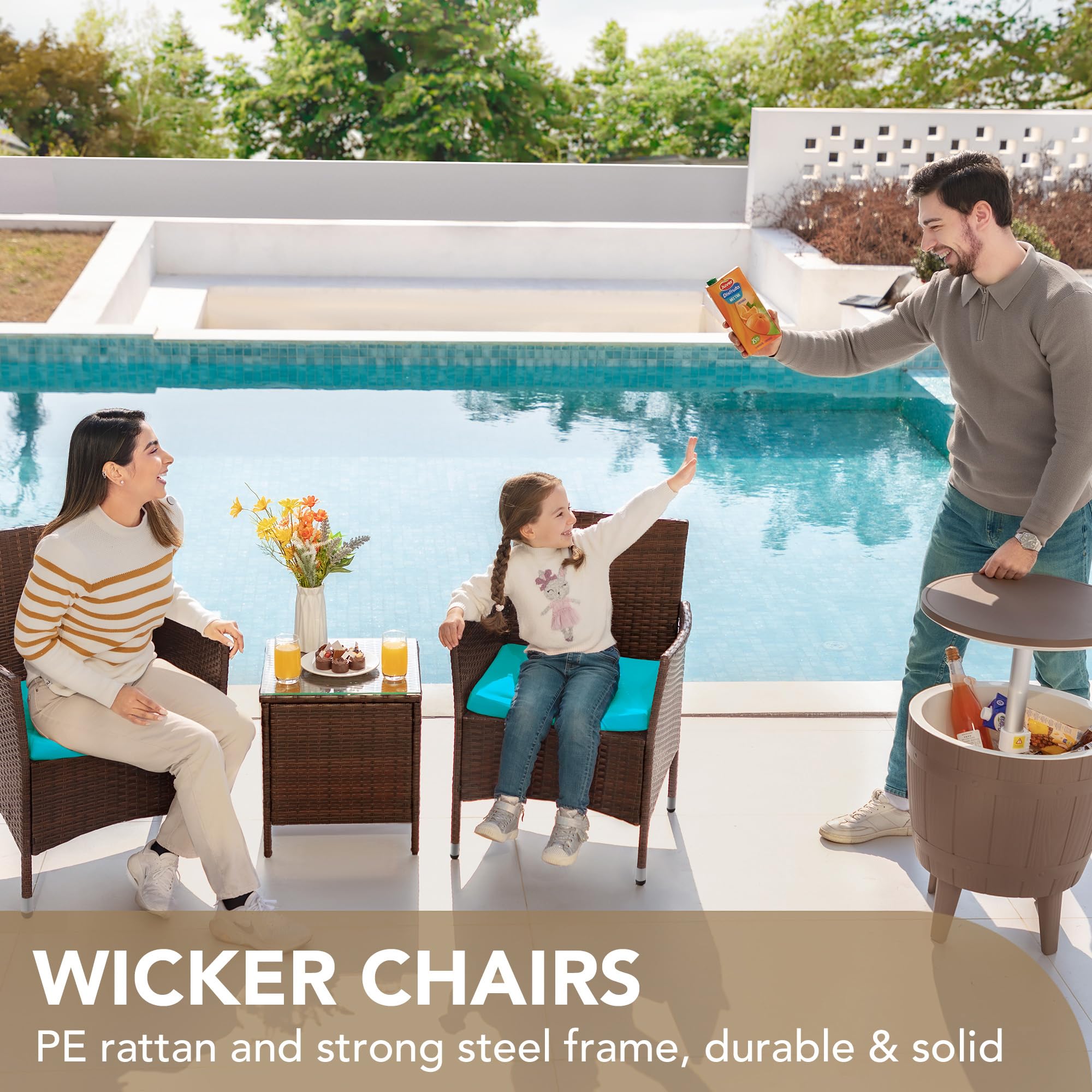 Devoko 3-Piece PE Rattan Wicker Patio Furniture Set with Table - Outdoor Garden Chairs for Porch, Backyard & Poolside (Brown/Blue) - Perfect for Relaxing, Entertaining & Sunbathing
