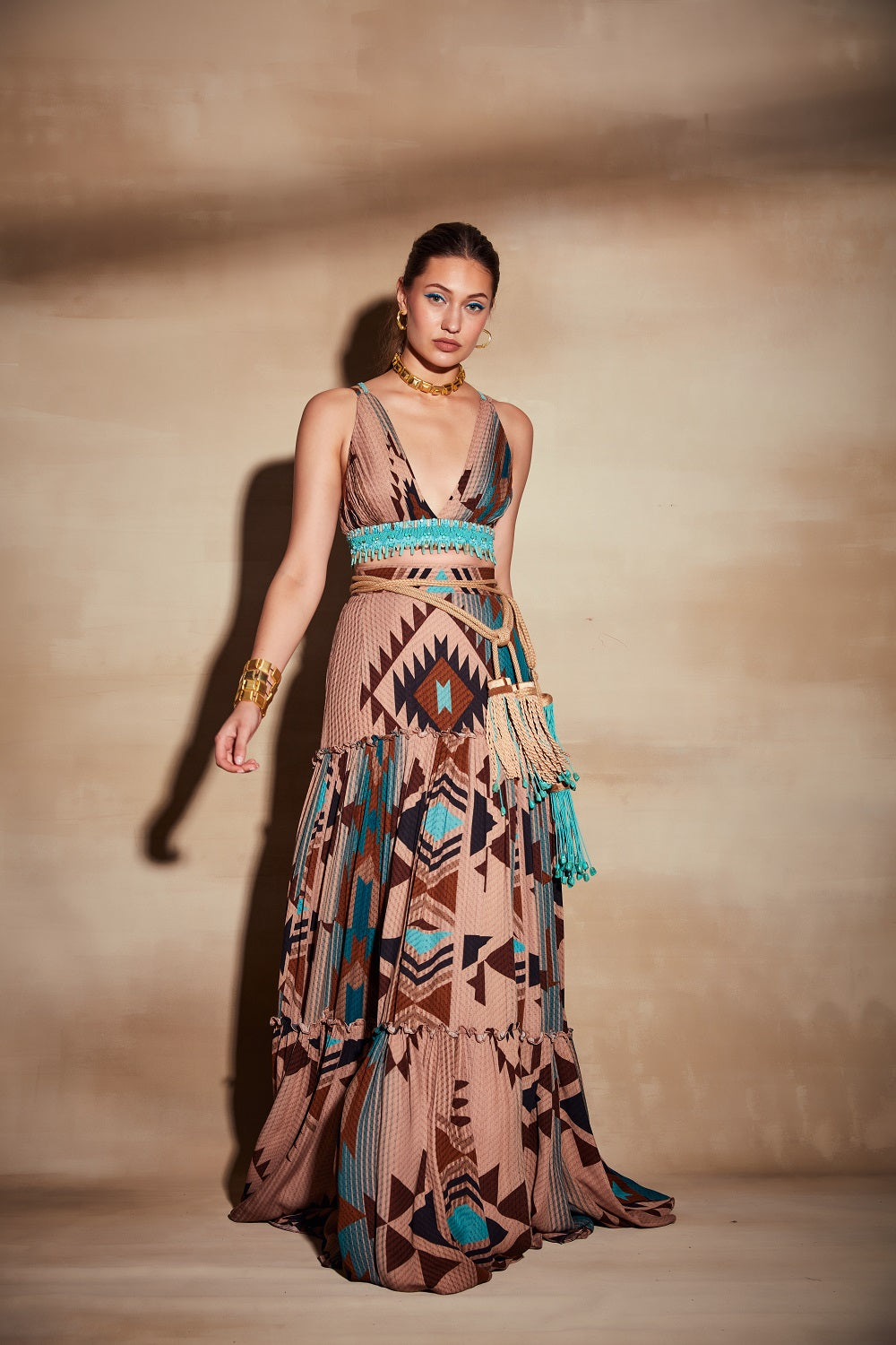 Turquoise Printed Skirt for Women - Bohemian Floral Maxi Skirt with Elastic Waist - Perfect for Beach, Vacation, and Summer Outfits
