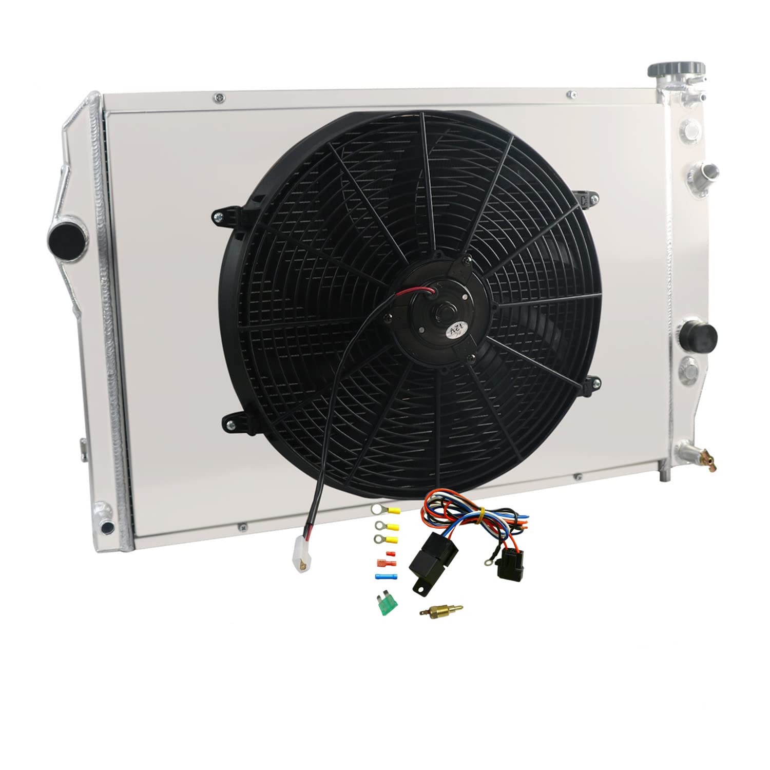 High Performance Full Aluminum Radiator for 1993-2002 Chevy Camaro & Pontiac Firebird 3.4L 3.8L 5.7L V6 V8 Gas Engine - 3 Row Radiator with Shroud Fan Relay Kits - Perfect for Street Racing & Hot Rod Upgrades