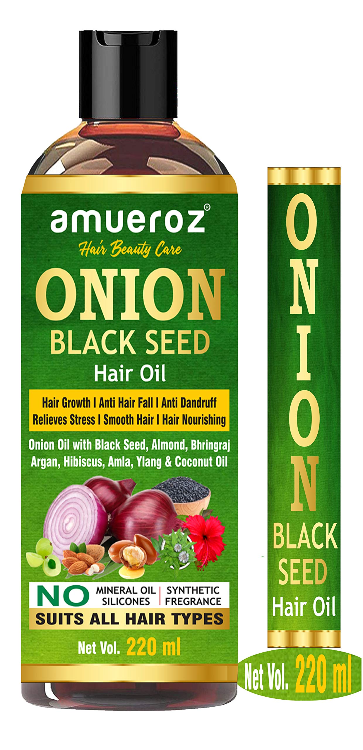 Amueroz Onion Black Seed Hair Oil for Hair Growth - 220ml | Anti Hair Loss, Anti Dandruff & Hair Fall Treatment | Promotes Strong & Healthy Hair for Men & Women | Relieves Stress - Perfect for Daily Scalp Massage & Nighttime Hair Care Routine