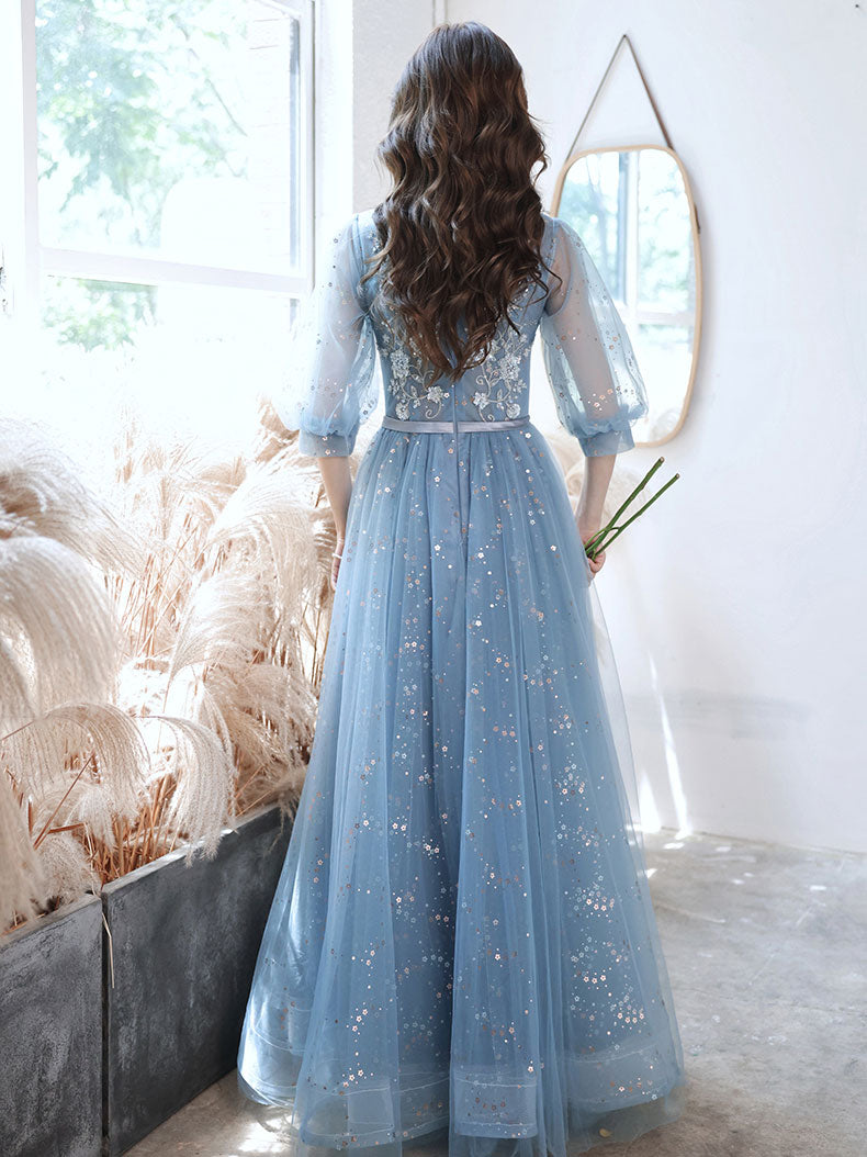 Elegant Blue Tulle Lace Sequin Long Prom Dress - A-Line Evening Gown for Formal Events, Homecoming, and Special Occasions