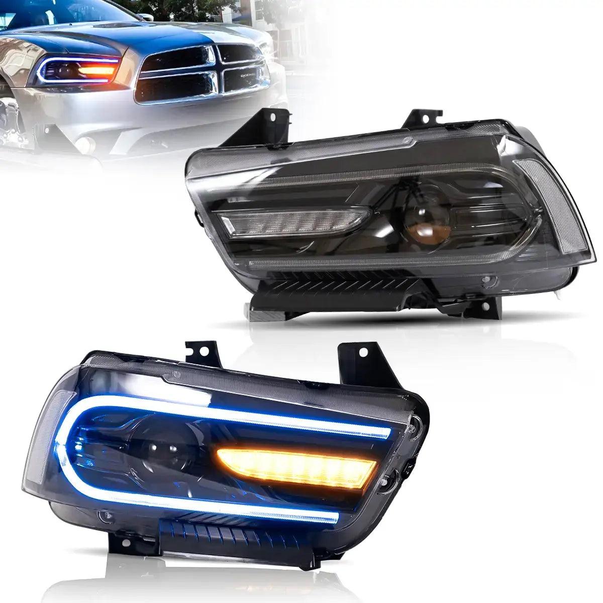 RGB LED Headlight Assembly with Dual Beam Projector - Compatible with 2011-2014 Dodge Charger (LD) - Black Housing - Upgrade for Night Driving & Car Customization