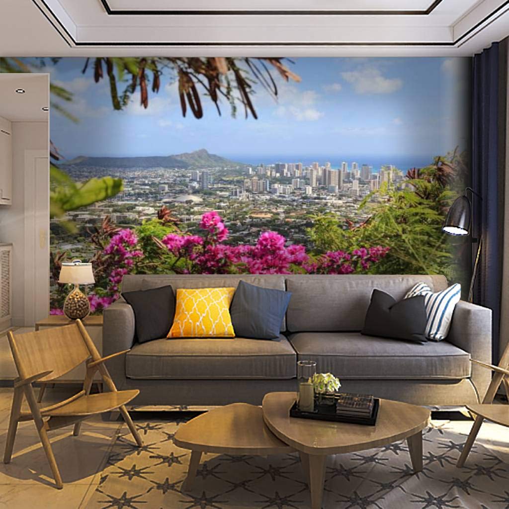 Self-Adhesive Removable Peel & Stick Wallpaper Mural - Diamond Head & Waikiki Oahu Hawaii Scenic View of Honolulu - Home Decor Wall Decal for Living Room, Bedroom, Office | Perfect for Accent Walls, Home Renovation & Interior Design