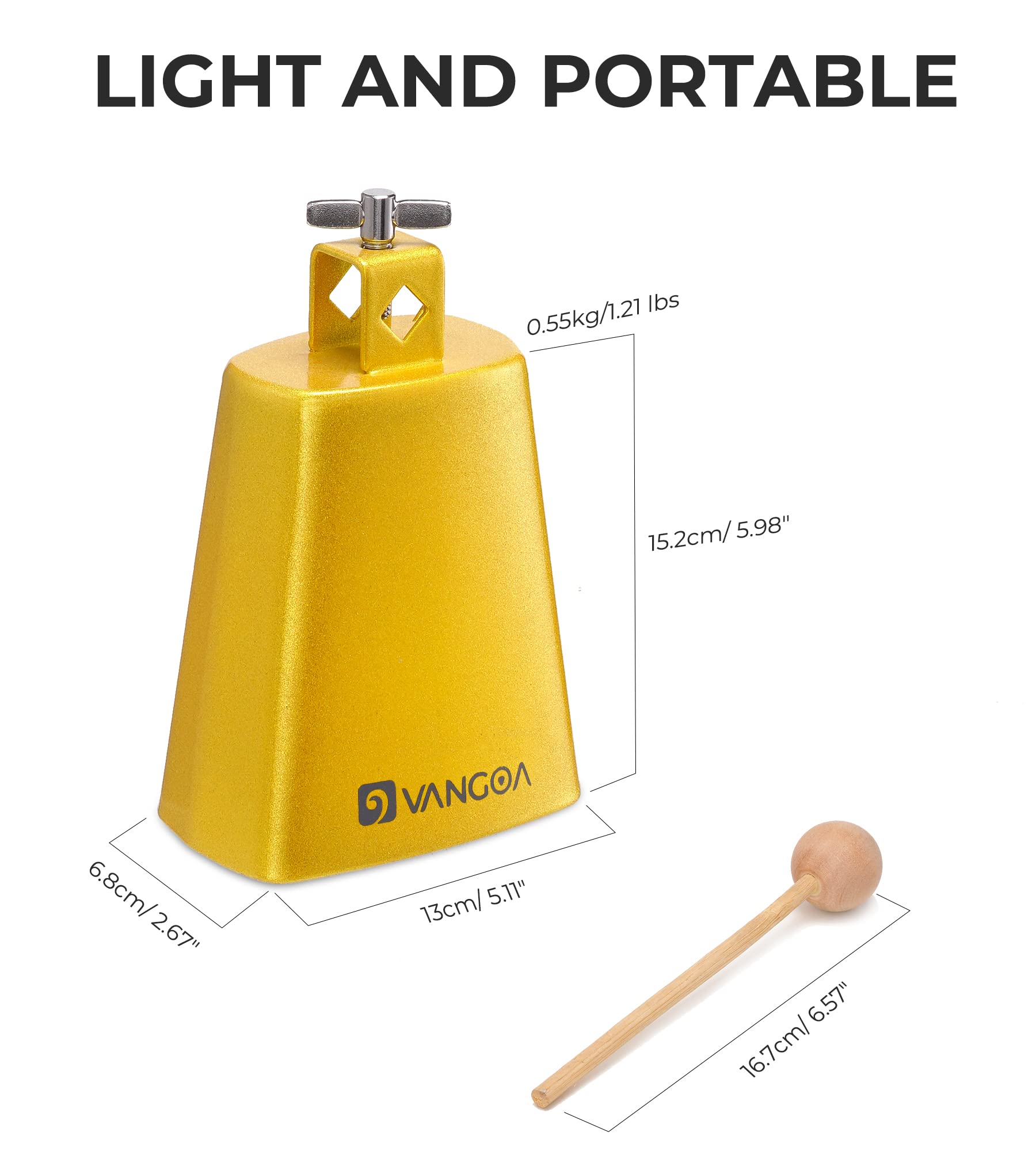 Vangoa 6 Inch Metal Steel Cow Bell with Stick - Gold Percussion Instrument for Drumset, Band, Live Performance & Music Practice