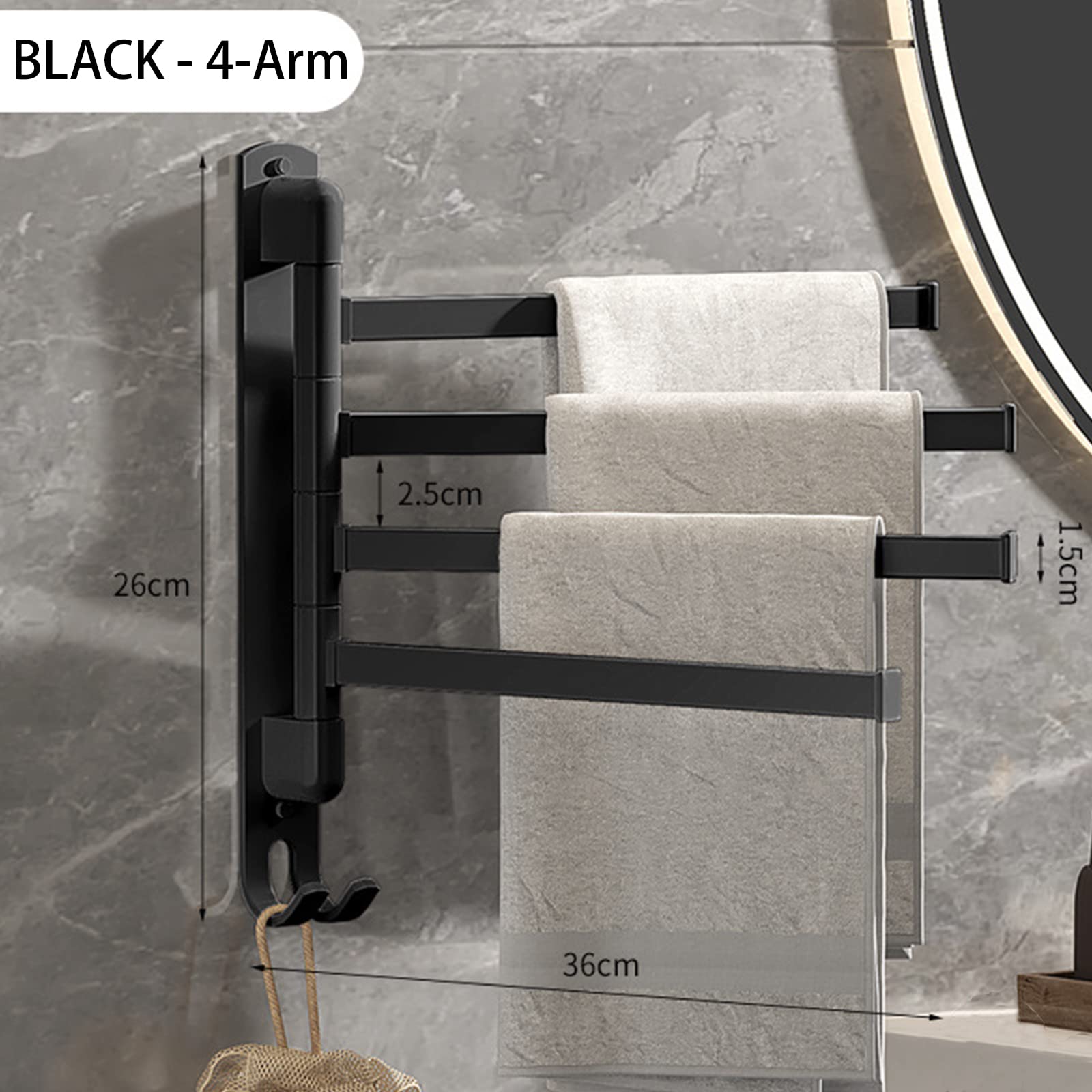 15.5 Inch Swivel Towel Rack - 4 Arm Wall Mount Space Saving Bathroom Organizer with 180° Rotation | Aviation Aluminum Towel Holder for Bathroom, Kitchen & Laundry Room Organization