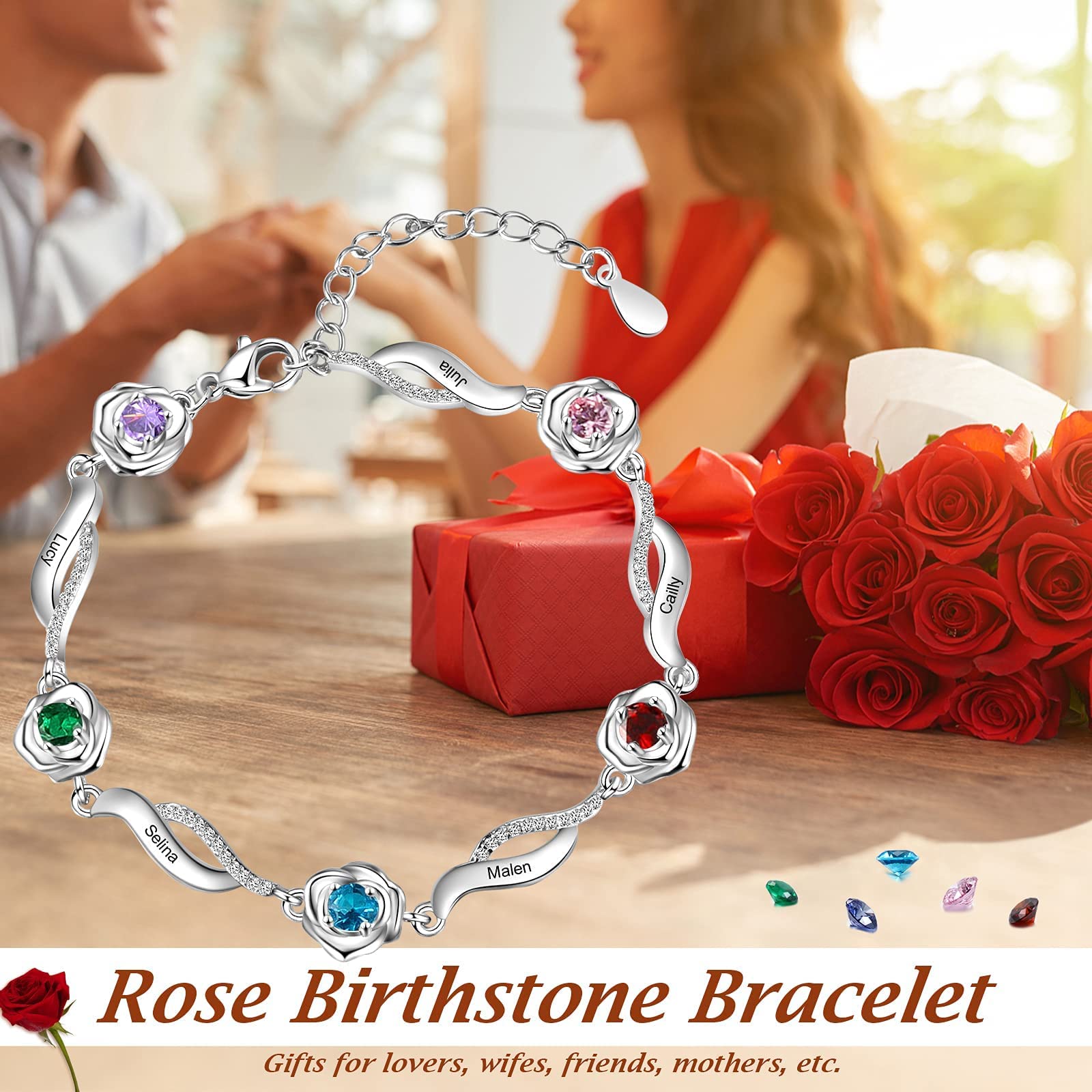 Personalized Birthstone Bracelet for Mom - Custom Name Engraved Rose Flower Bracelet for Women - Mother's Day, Birthday & Anniversary Gift - Perfect for Everyday Wear, Special Occasions & Heartfelt Moments