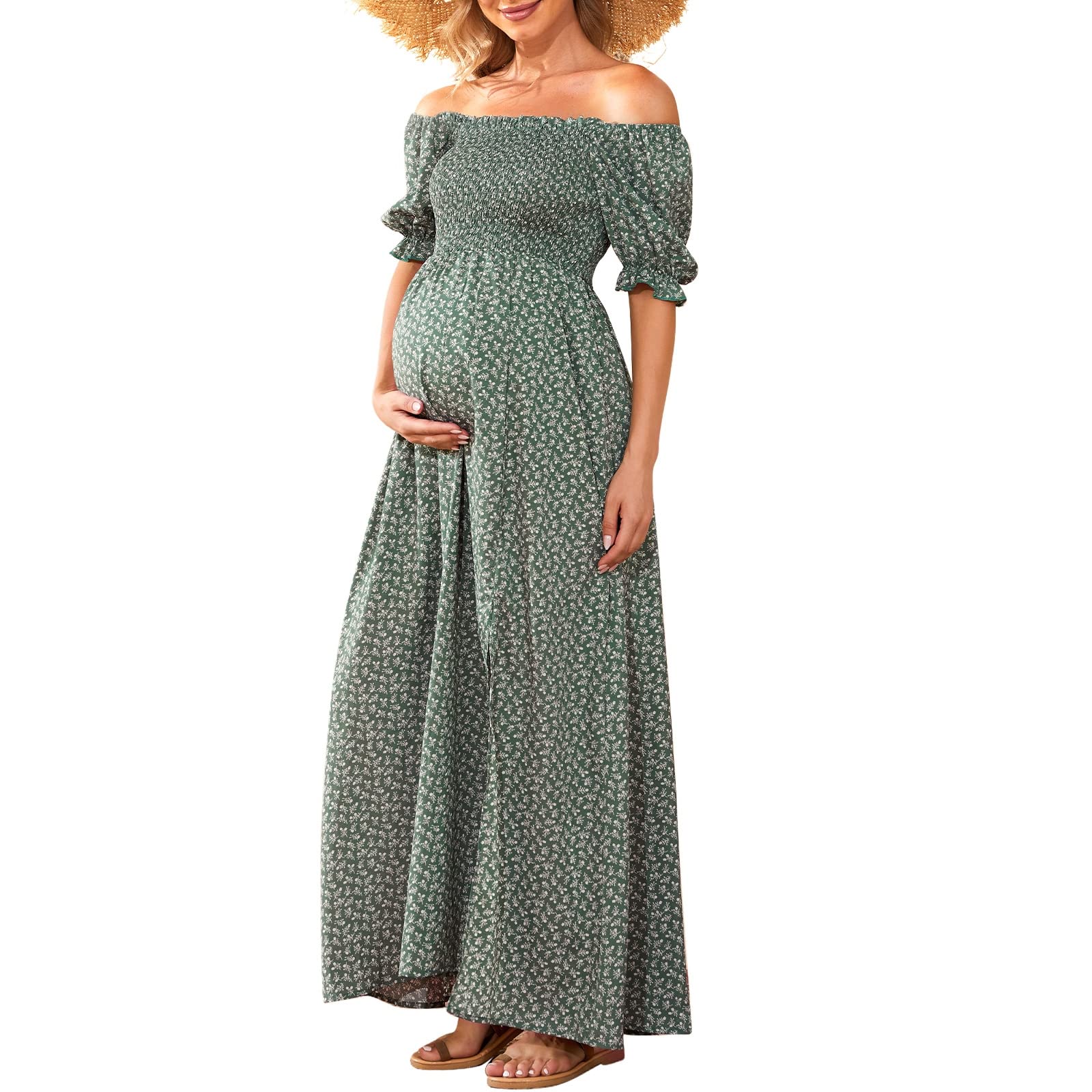 Floral Maternity Dress - Square Neck Puff Sleeve Smocked Boho Maxi Dress for Baby Shower, Pregnancy Photoshoot & Special Occasions