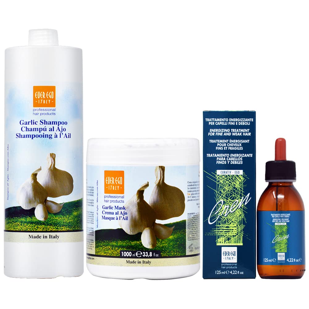 Ever Ego Garlic Shampoo & Hair Mask Treatment Set - 1000ml Shampoo + 125ml Energizing Lotion for Dandruff Control & Hair Growth | Deep Cleansing & Scalp Care for Men & Women | Home & Salon Use