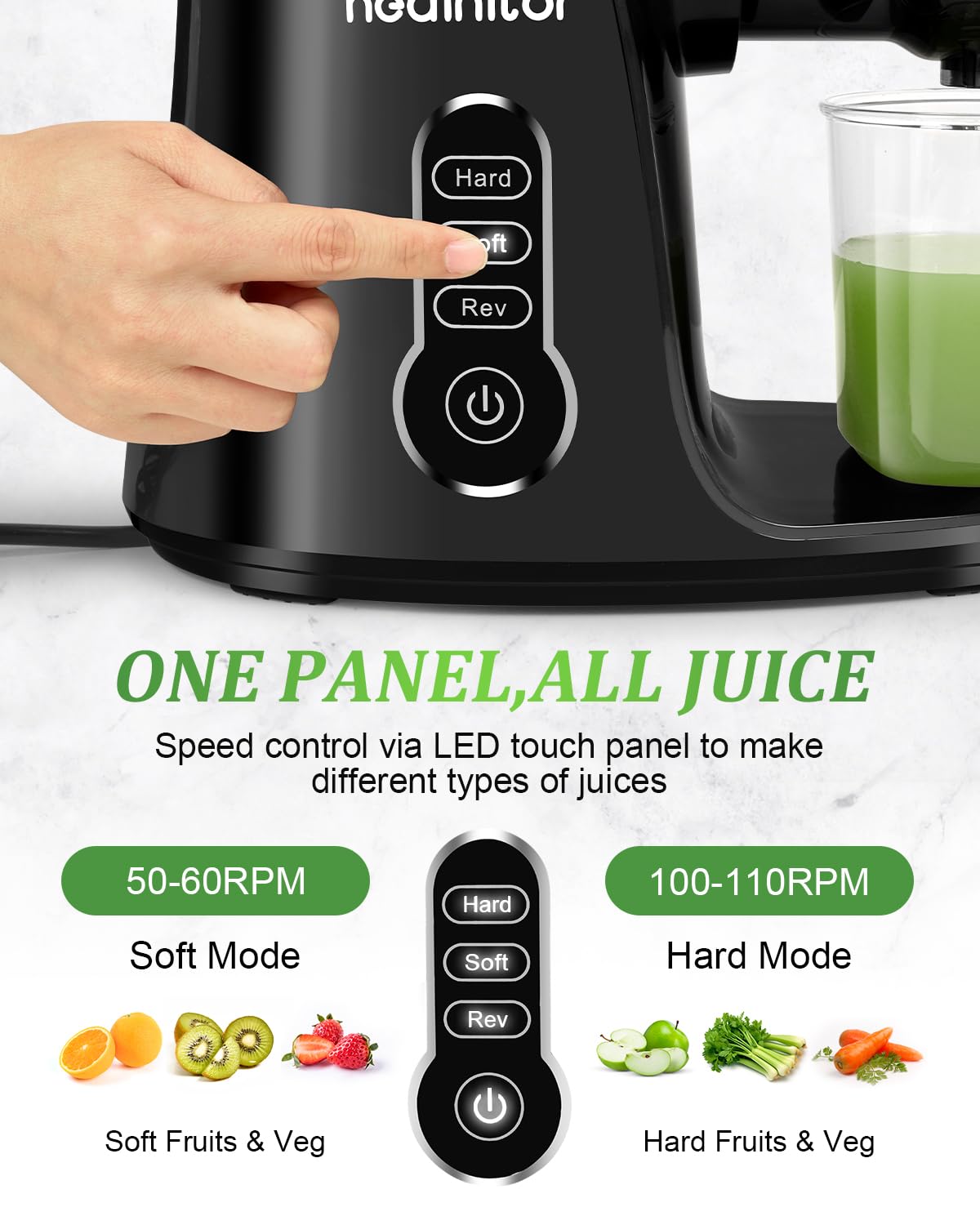 Healnitor Cold Press Slow Juicer - Triple Mode Masticating Juicer with Touch LED Display for Fruits & Vegetables | Quiet Motor, Easy to Clean Brush & 500ML Travel Bottle | Perfect for Healthy Juicing at Home, Office or Travel | Black
