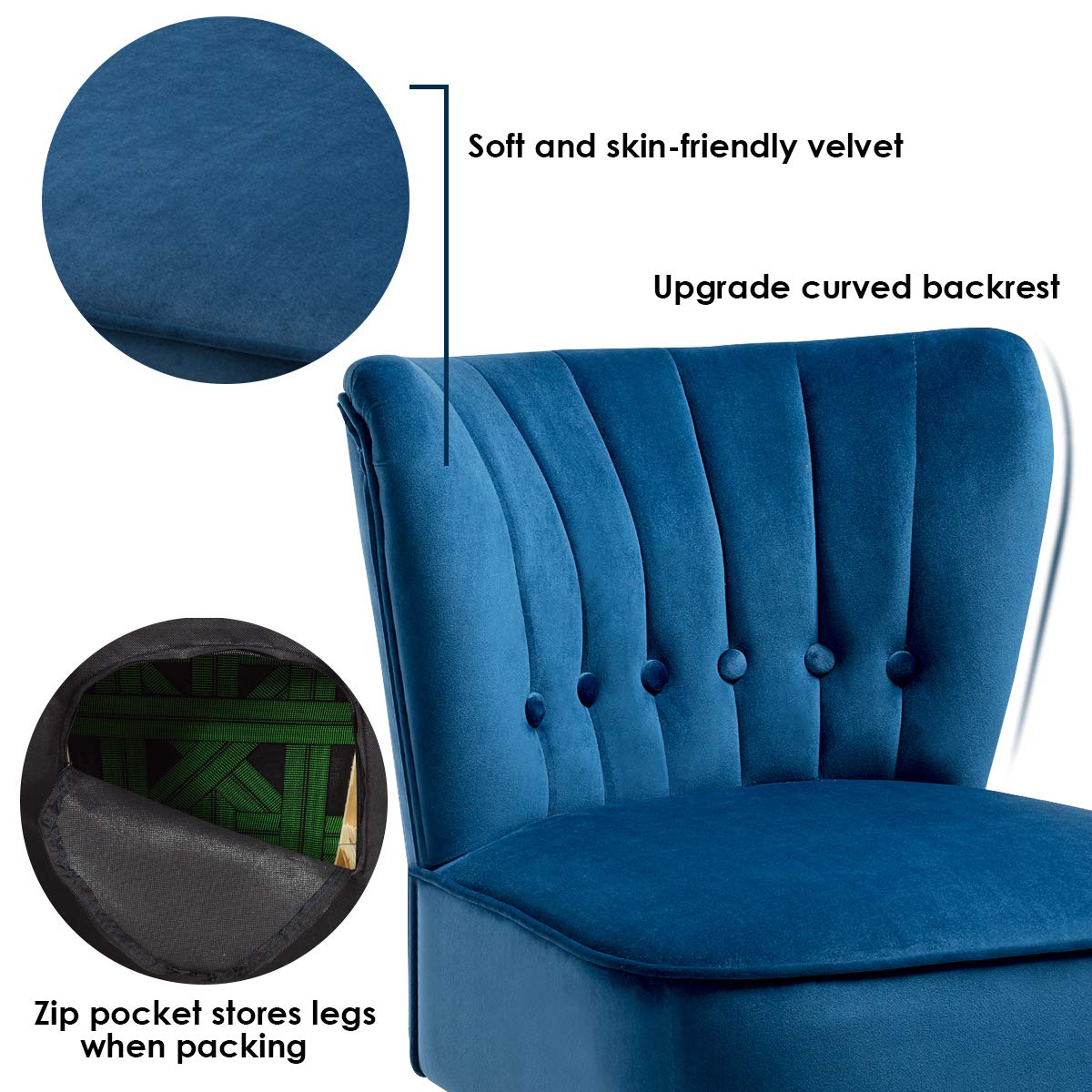 Giantex Modern Velvet Accent Chair with Wood Legs - Blue Upholstered Armless Wingback Club Chair, Thickly Padded Button Tufted Leisure Sofa for Living Room, Bedroom & Office - Perfect for Reading Nooks, Lounge Areas and Small Space Decor