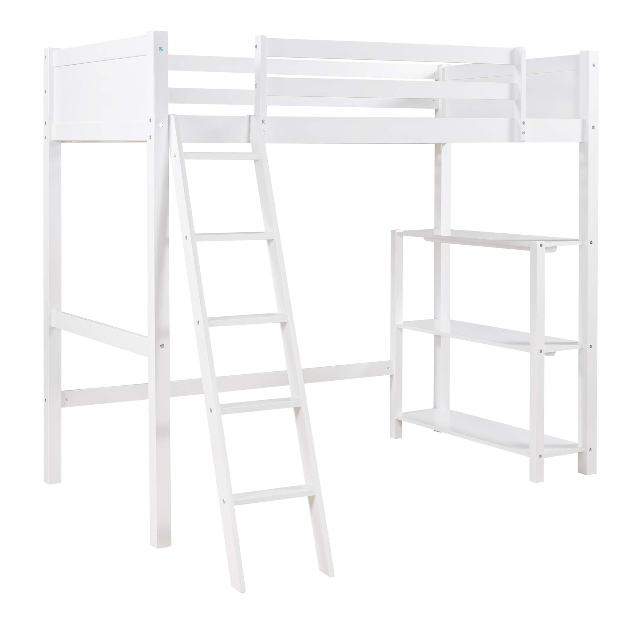 **Wooden Twin Loft Bed for Kids with Storage Shelves & Angled Ladder - No Box Spring Needed, White - Perfect for Small Bedrooms & Space-Saving Kids' Rooms**