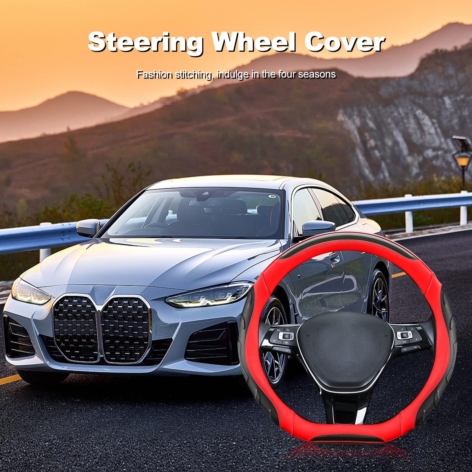 Ergocar D-Shaped Sporty Steering Wheel Cover - Breathable Anti-Slip Carbon Fiber & Microfiber Leather Car Steering Wheel Protector (15