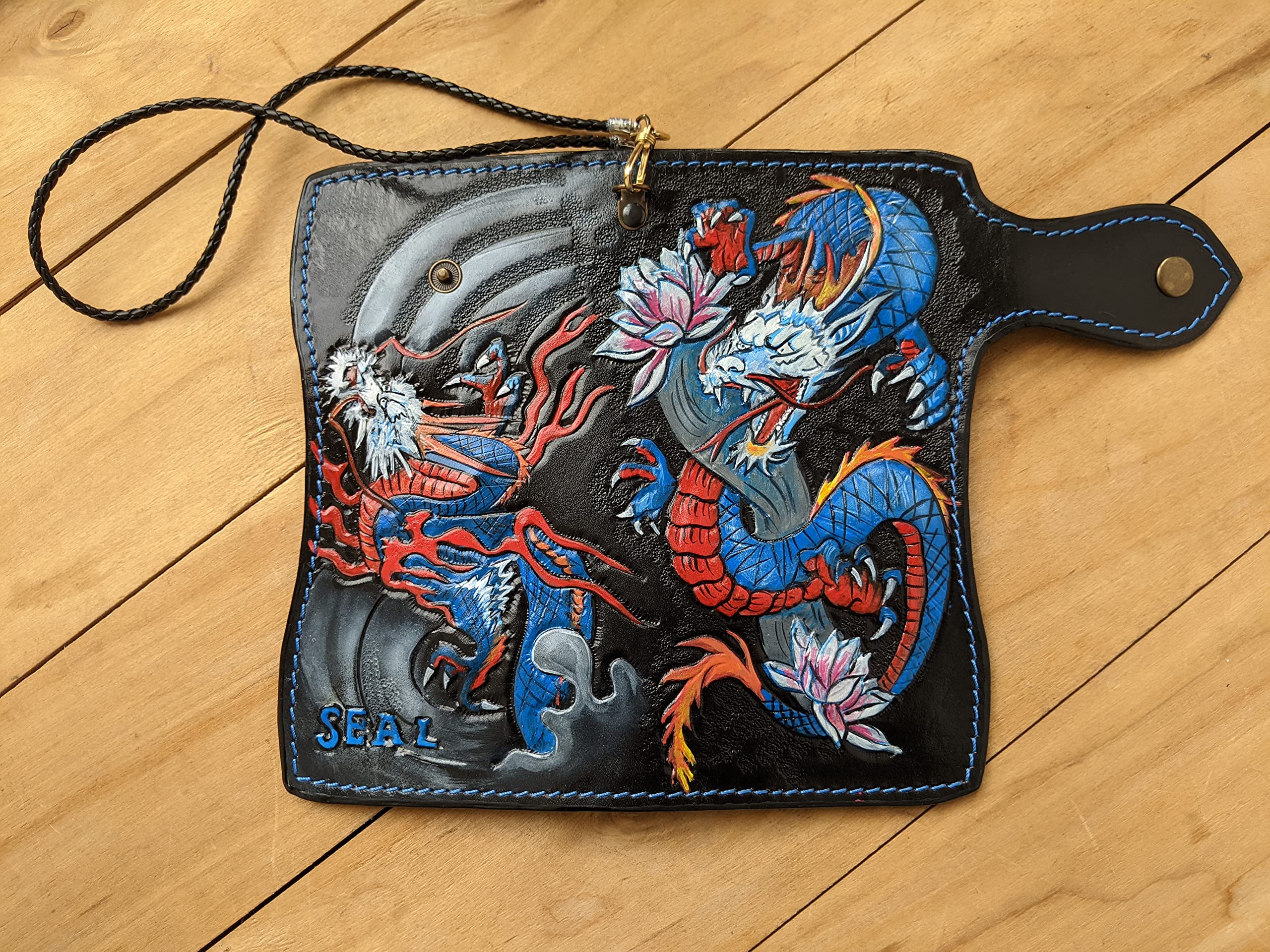 Handcrafted 3D Genuine Leather Wallet for Men - Long Biker Wallet with Intricate Hand-Carved Dragon Design - Custom Personalized Japanese Style Wallet - Perfect for Motorcycle Enthusiasts, Gift Giving & Everyday Use