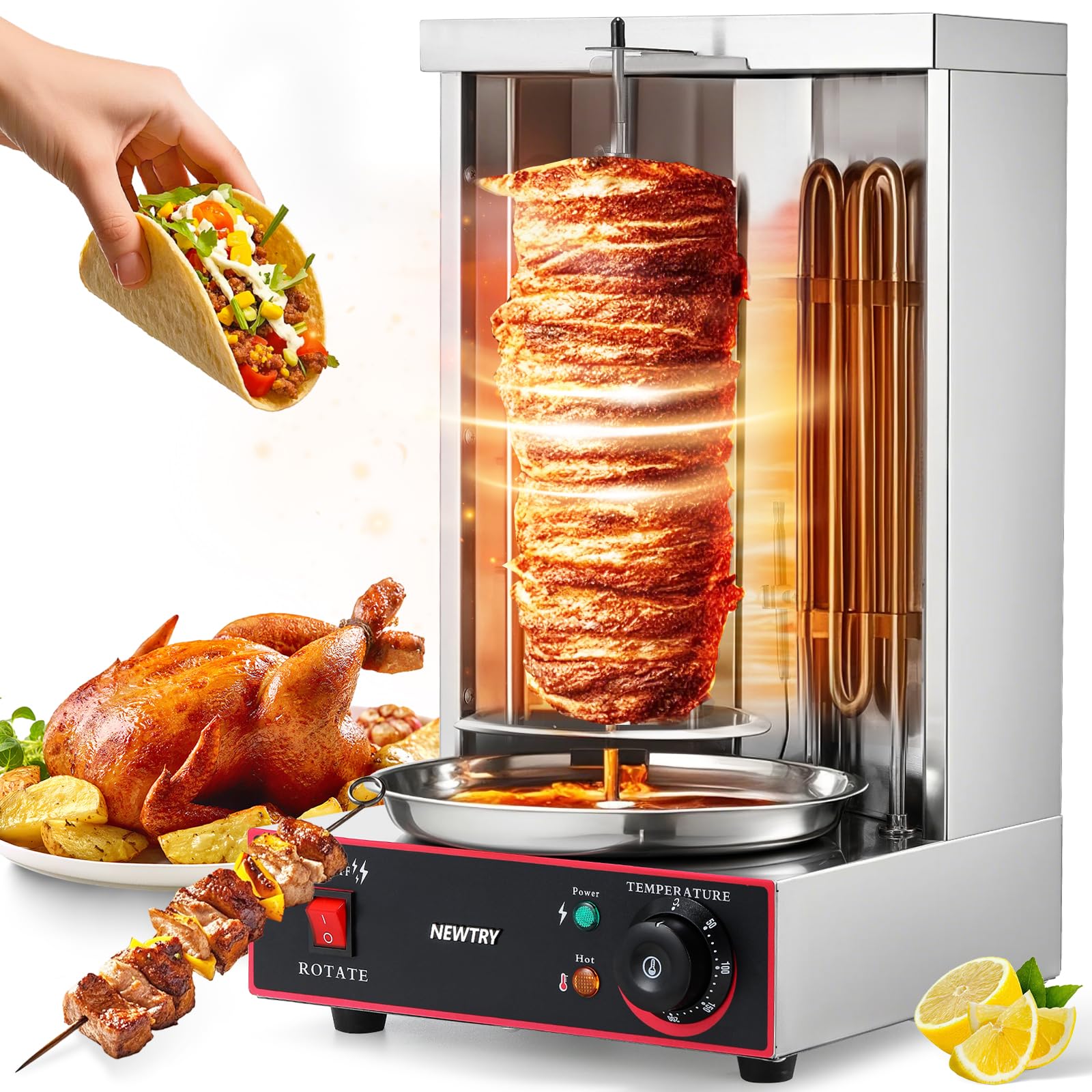 NEWTRY Electric Shawarma Grill Machine - 0-572℉ Vertical Rotating Broiler for Chicken, Gyro & Doner Kebab - 2600W Commercial & Home Use - Perfect for Restaurants, Food Trucks & Family Gatherings (110V)
