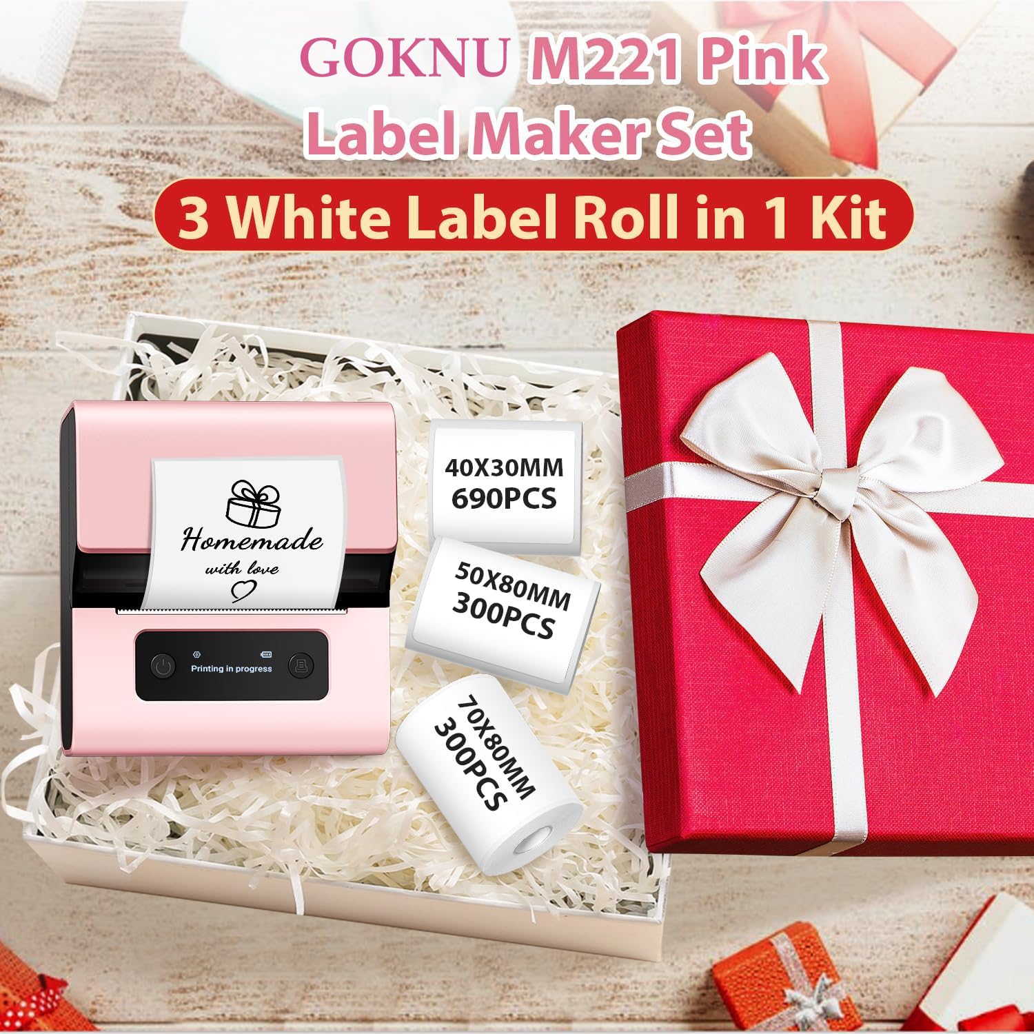 M221 Label Maker - 3 Inch Pink Bluetooth Thermal Label Printer for Small Business, Crafts, Clothing & Food Packaging | Portable, Easy to Install | Works with Phone & PC | Includes 3 Roll Paper Set | Perfect for Retail, Shipping & Organization