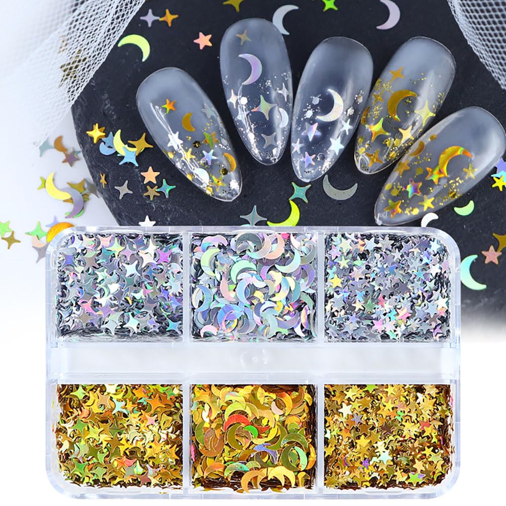 Dornail 6 Grids Nail Art Glitter Sequins Kit - Gold Silver Star Moon & 4-Pointed Stars 3D Nail Decorations for DIY Manicure | Shining Glitter Flakes for Nail Art, Party, Wedding & Salon Use