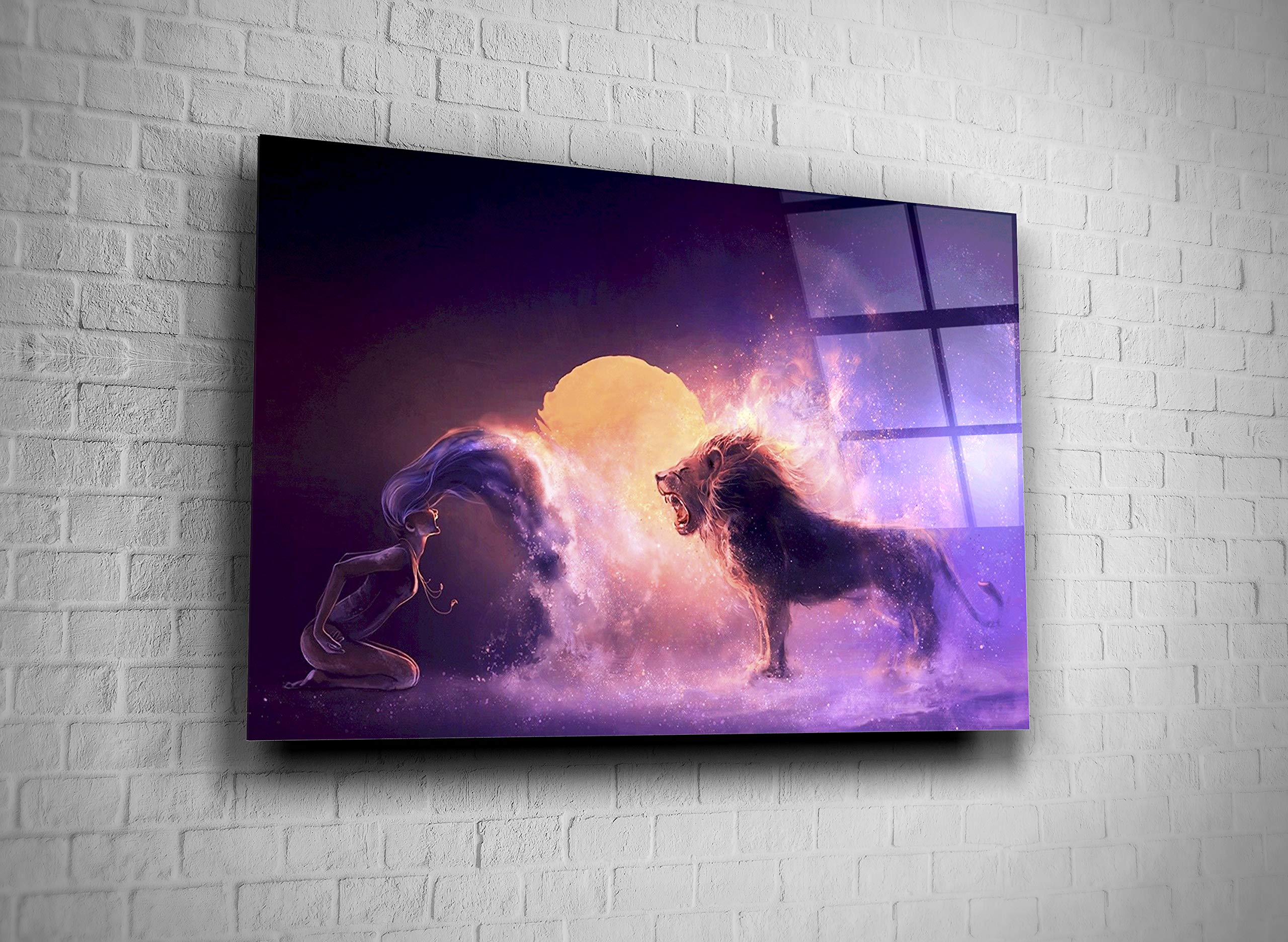 Lion and Girl Fantasy Animal Digital Art Print - Tempered Glass Canvas Wall Decor for Home, Office, Hotel - Modern Art Gift (16x24) - Perfect for Living Room, Bedroom & Workspace Decor