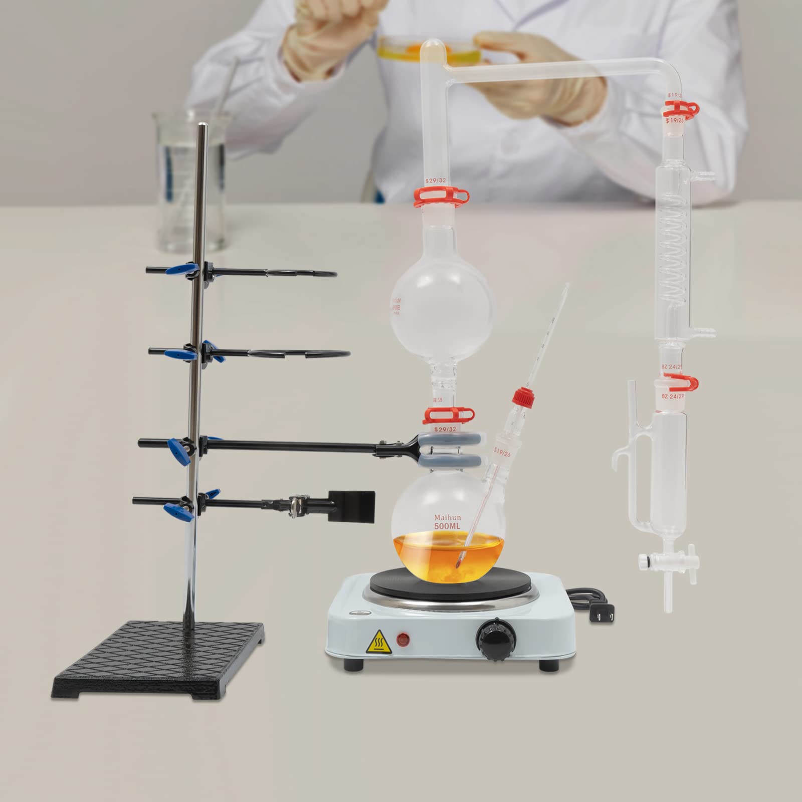 500ml Essential Oil Distillation Kit - Home Lab Glassware Set with Hot Plate & Graham Condenser for DIY Aromatherapy, Herbal Extracts & Essential Oil Making | Perfect for Home Laboratories, Science Experiments & Natural Remedies